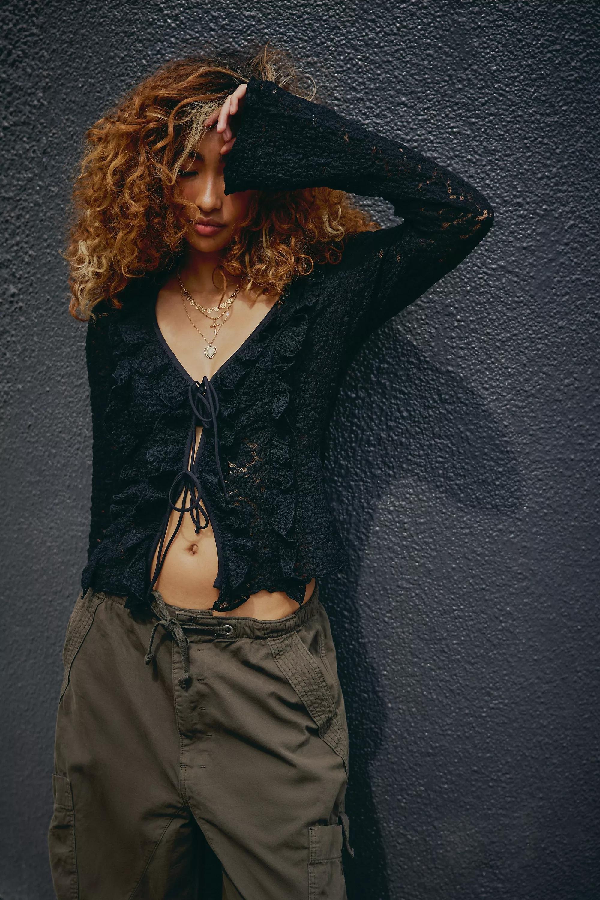 Black Laced Long Sleeve Top, BLK, large image number 0