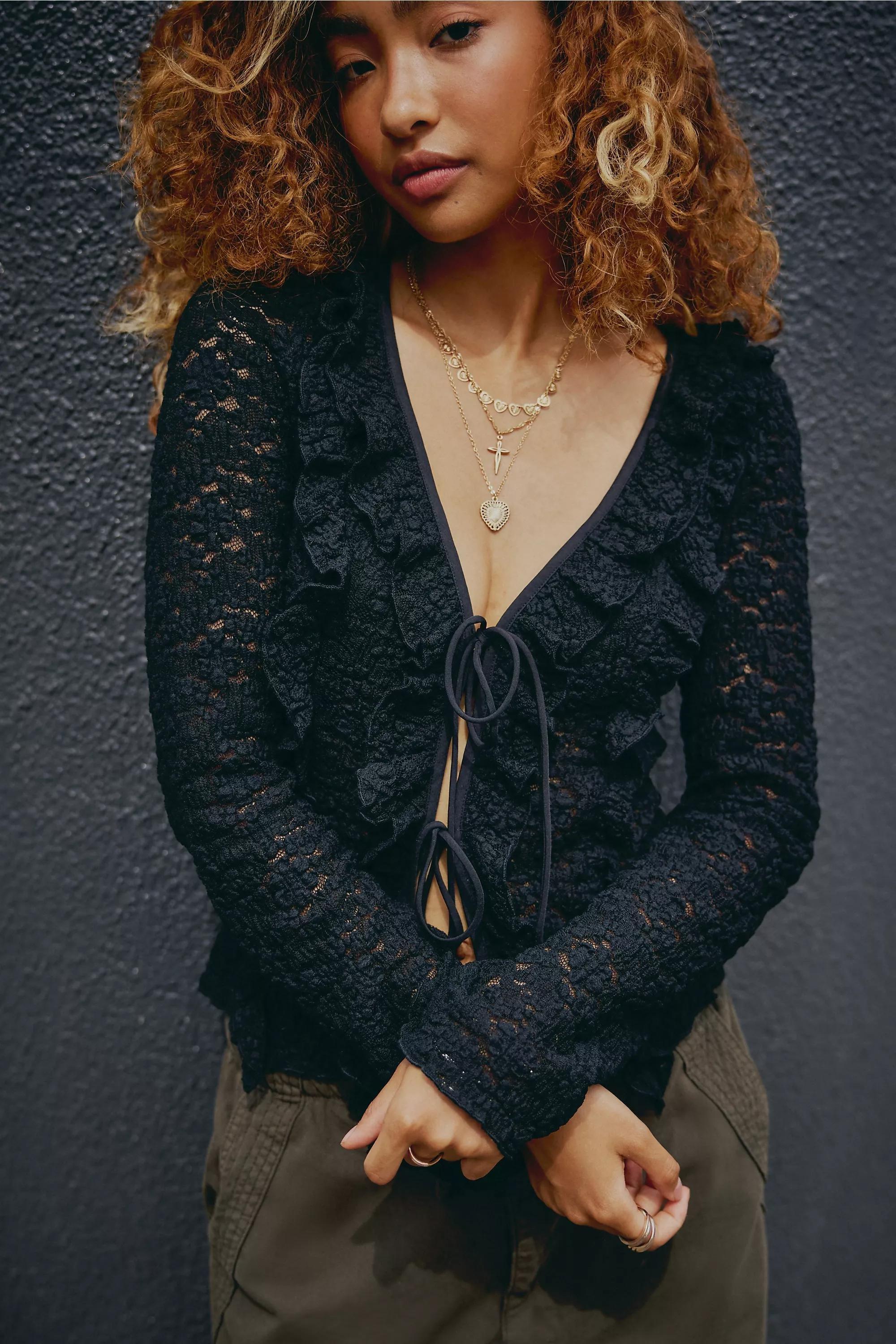 Black Laced Long Sleeve Top, BLK, large image number 1