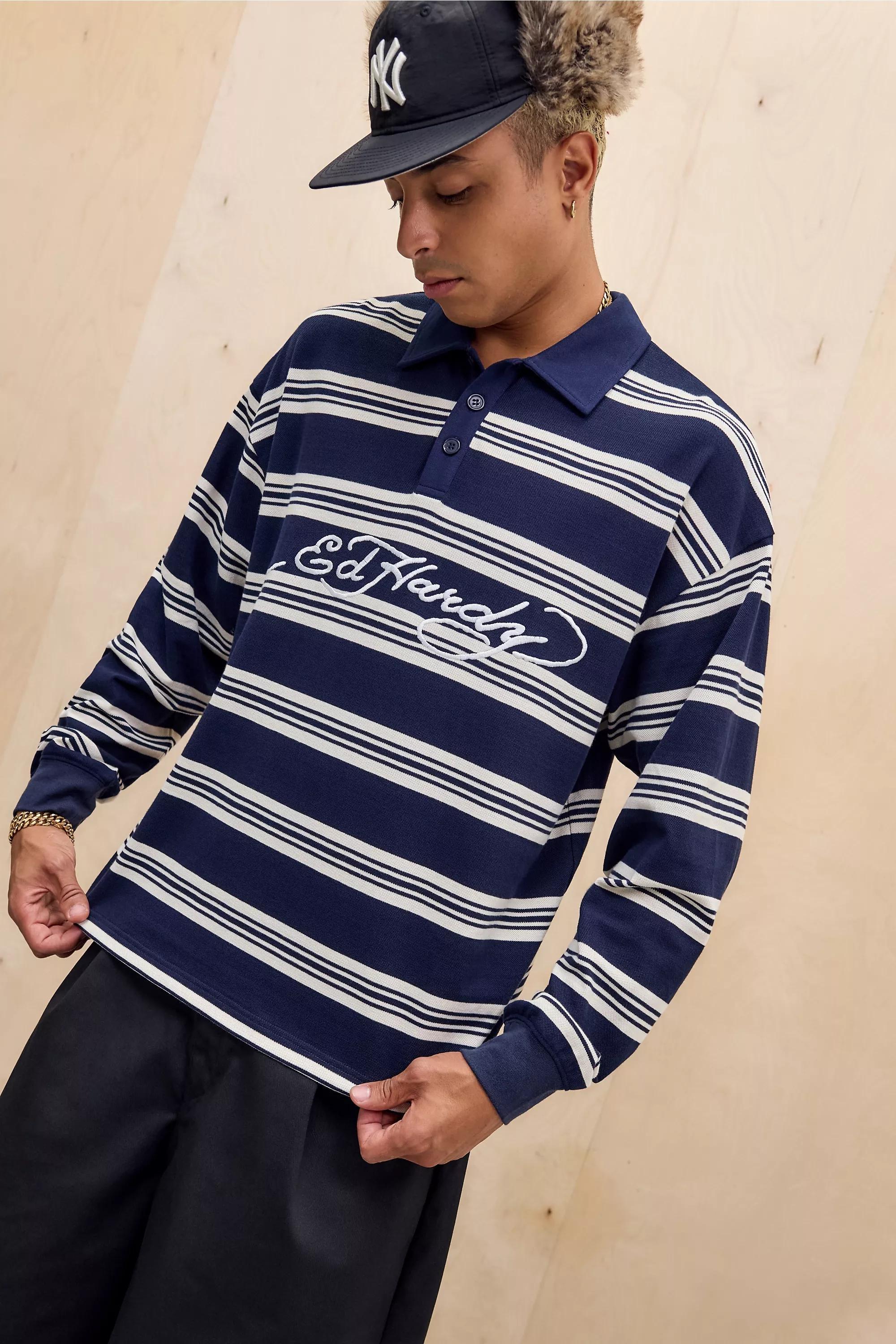 NAVY Ed Hardy UO Exclusive Navy Stripe Long Sleeve Polo Shirt, NAVY, medium
