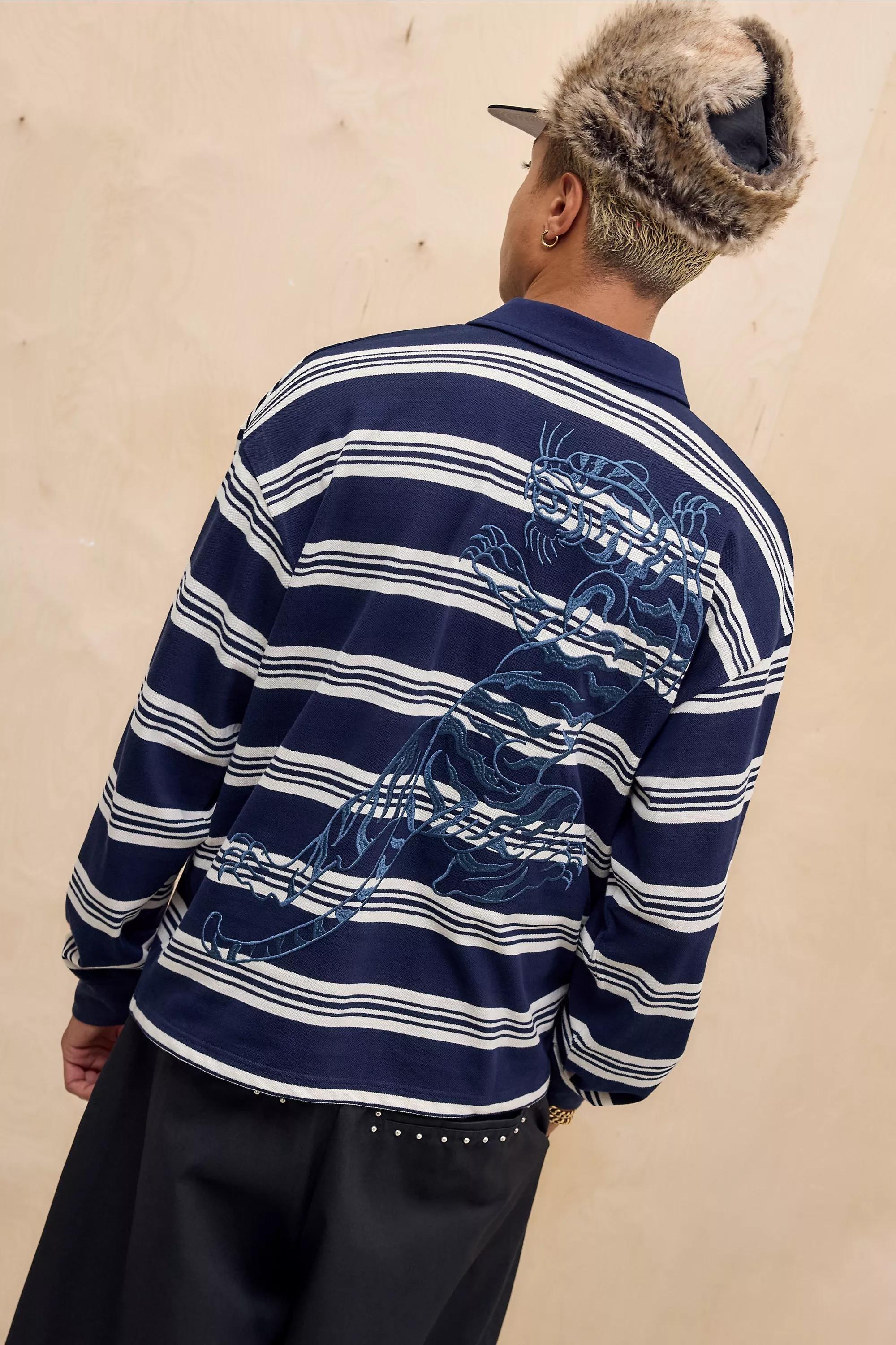 NAVY Ed Hardy UO Exclusive Navy Stripe Long Sleeve Polo Shirt, NAVY, medium