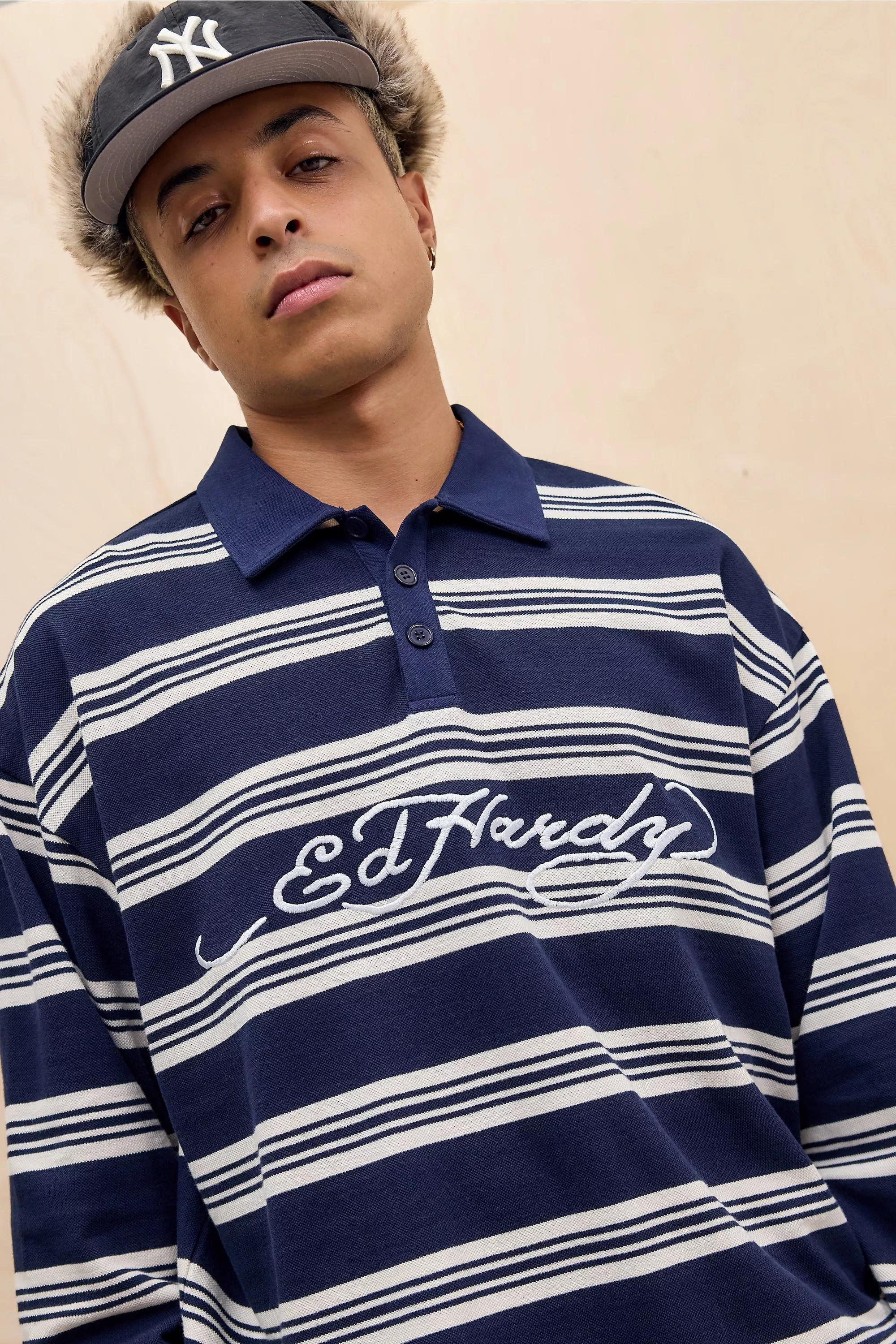 NAVY Ed Hardy UO Exclusive Navy Stripe Long Sleeve Polo Shirt, NAVY, medium