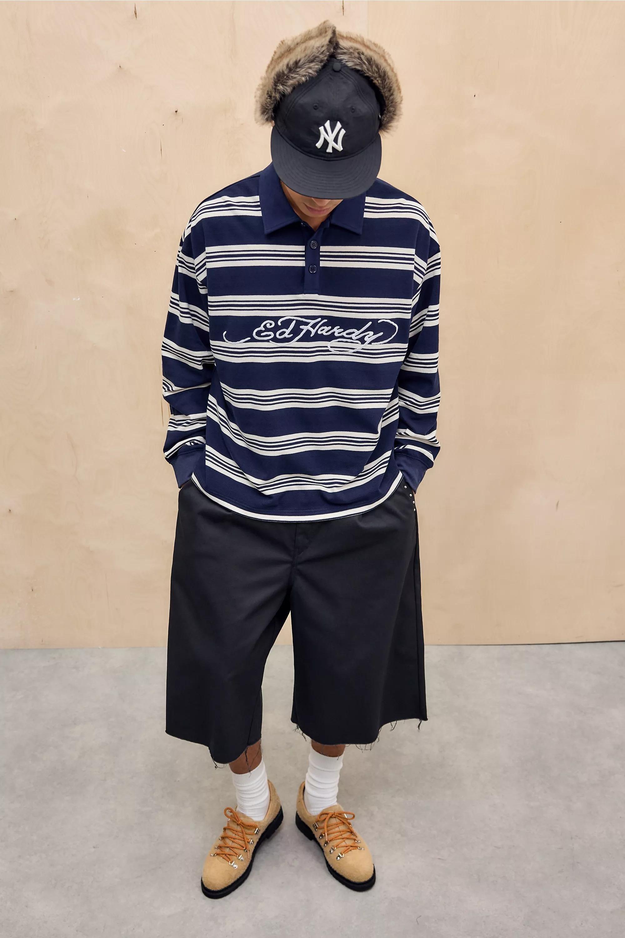 NAVY Ed Hardy UO Exclusive Navy Stripe Long Sleeve Polo Shirt, NAVY, large image number 3