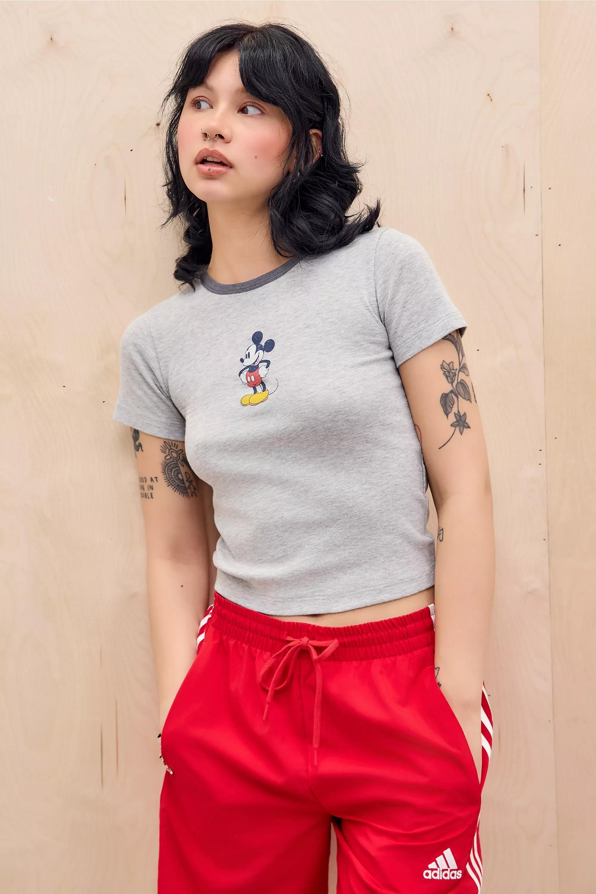 Grey Uo Mickey Mouse Ringer Cropped T-Shirt, GREY, medium