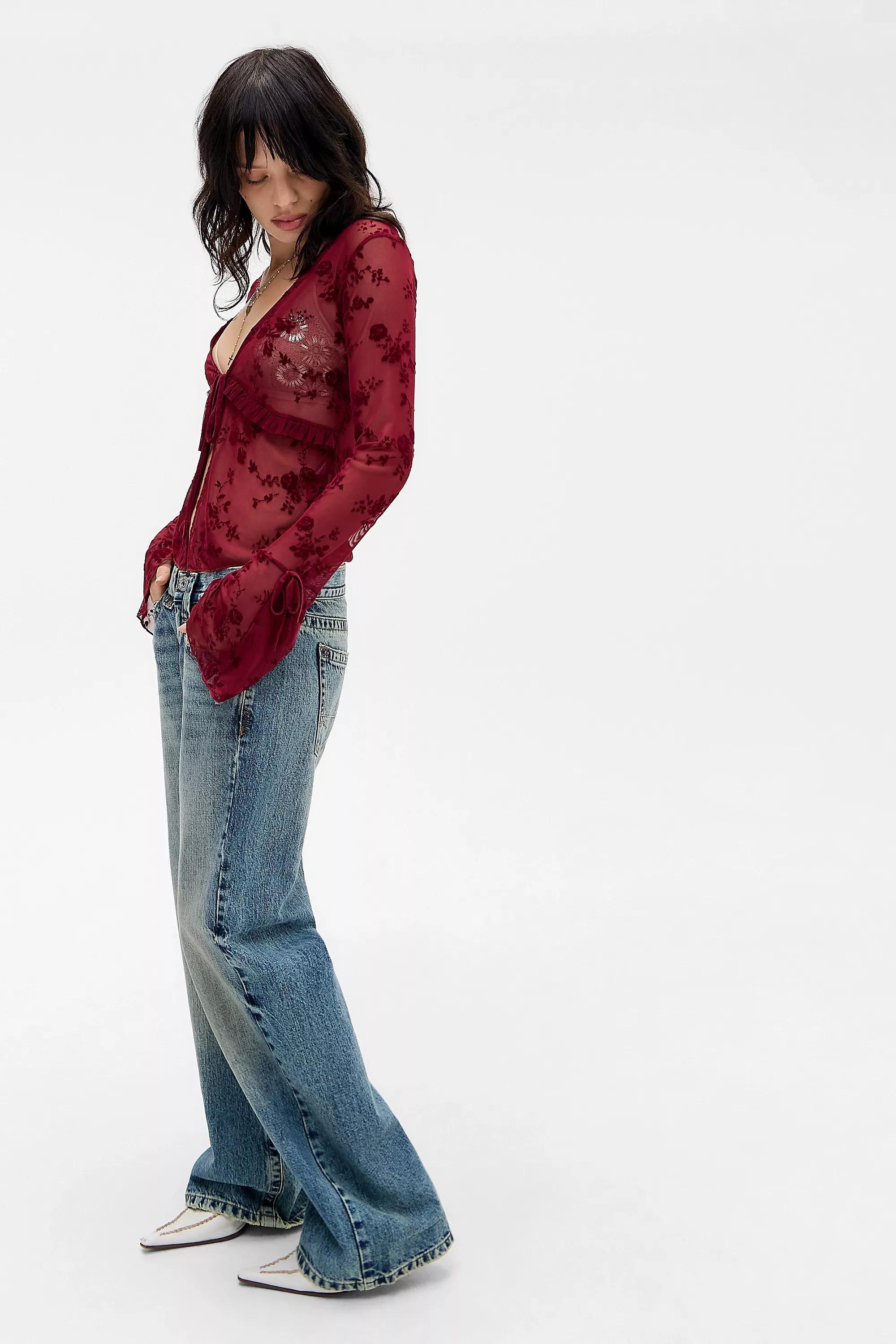 Red Silence + Noise Tilly Flock Top, WINE, medium