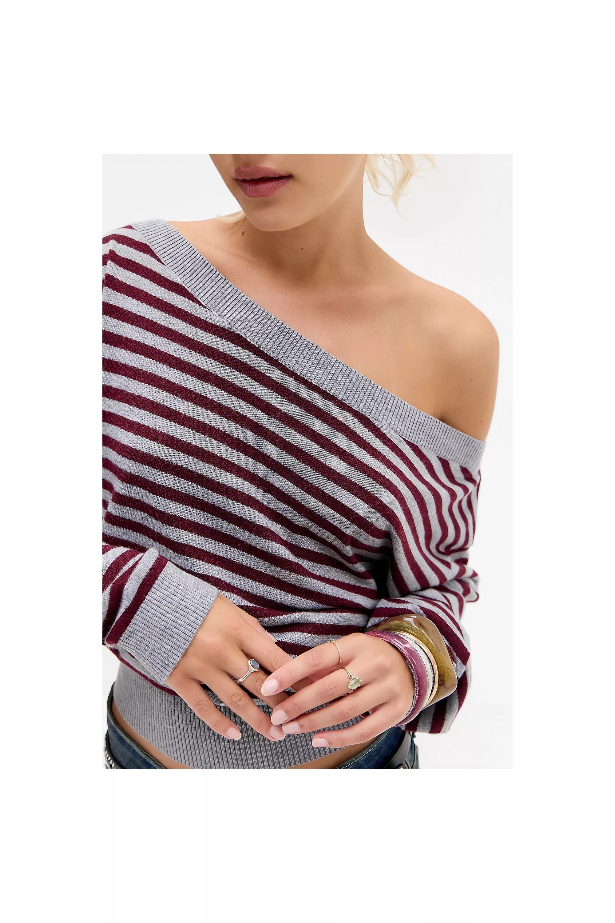 Grey Stripe Uo Off-Shoulder Knit Jumper, A301_0541, large image number 1