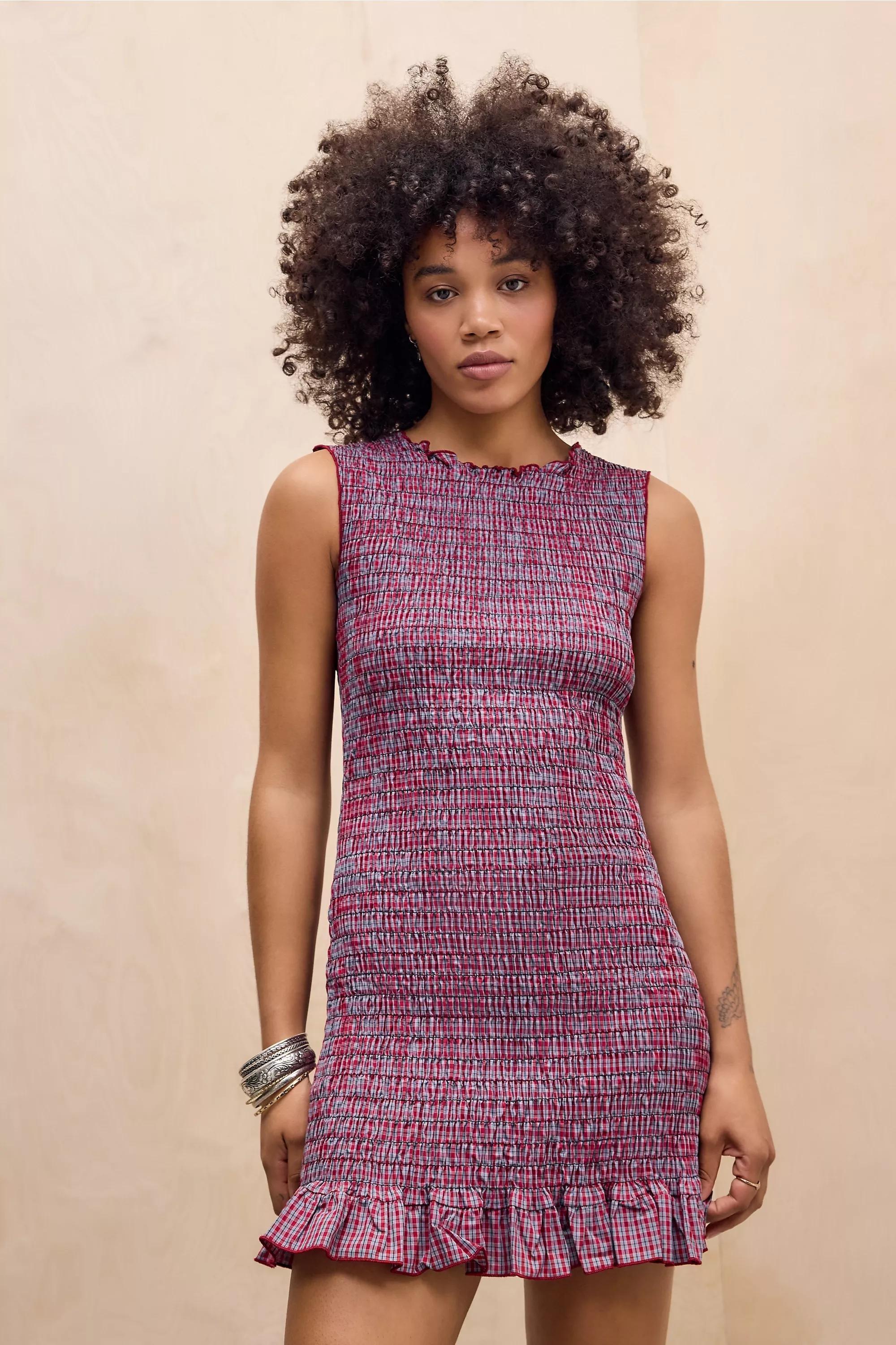 Daisy Street Shirred Check Mini Dress, WINE, large image number 0