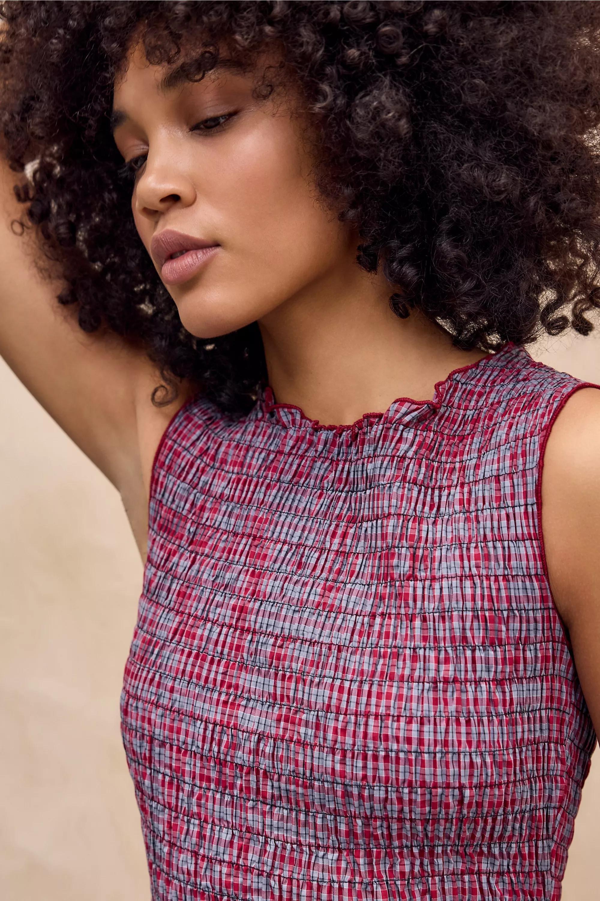 Daisy Street Shirred Check Mini Dress, WINE, large image number 2