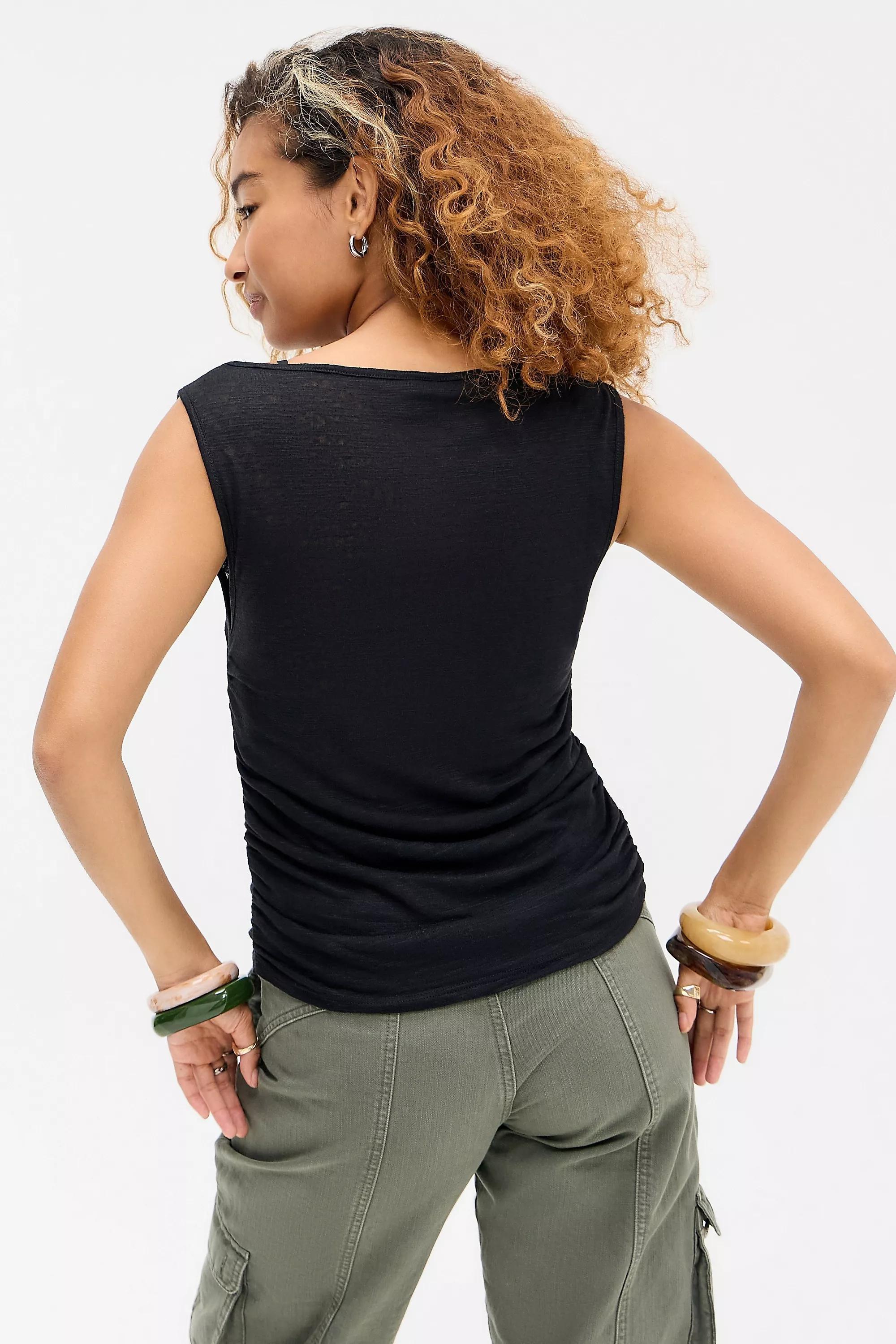 Black Uo Lexi Sheer Ruched Tank Top, BLK, large image number 3