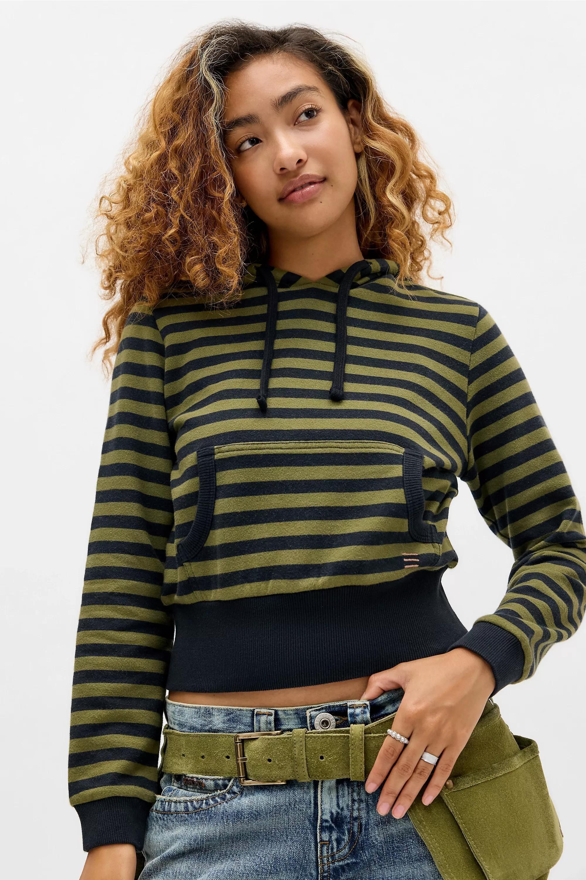 Khaki Bdg Striped Shrunken Hoodie, KHAKI, medium