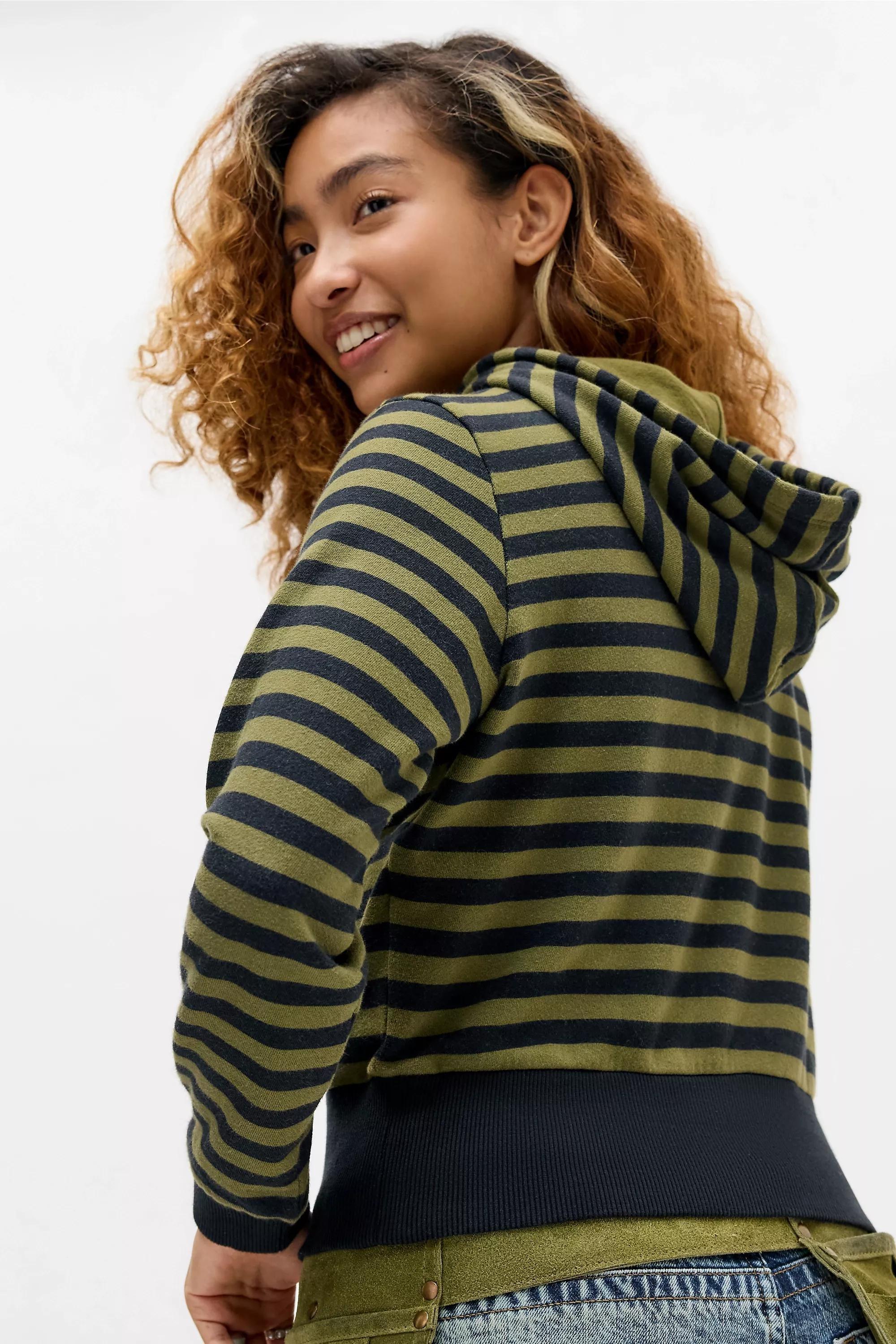 Khaki Bdg Striped Shrunken Hoodie, KHAKI, large image number 3