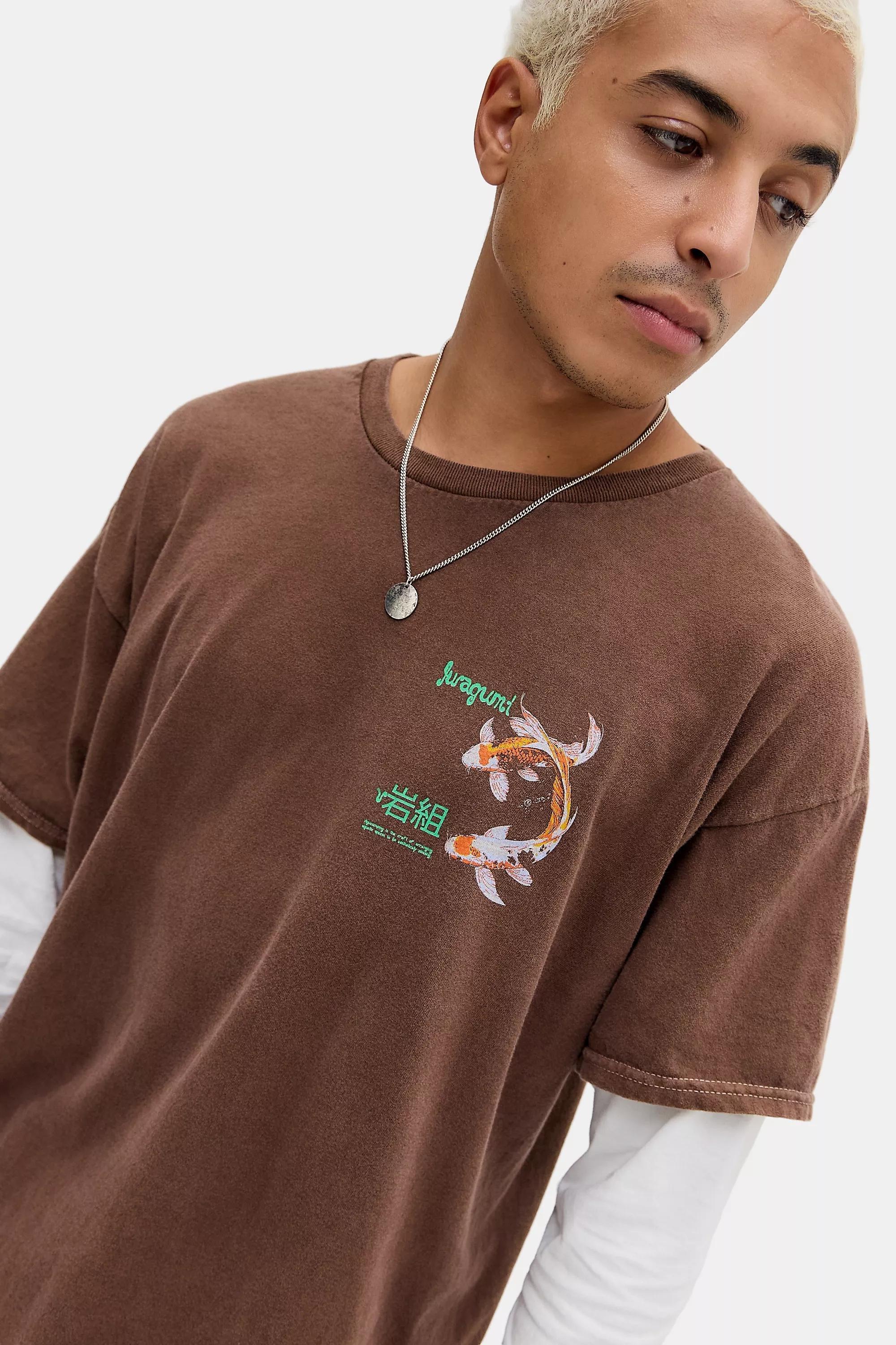 BROWN UO Brown Koi Fish Double Layer T-Shirt, BRN, large image number 1
