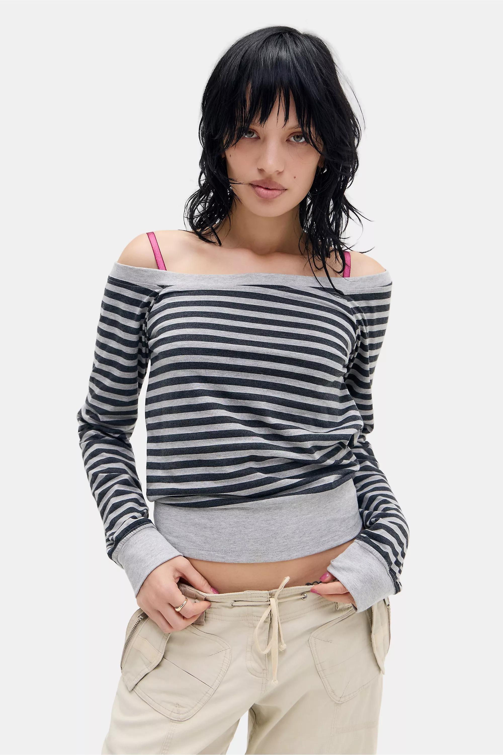 BLACK & WHITE Motel Yacin Stripe Off-Shoulder Top, B&W, large image number 0