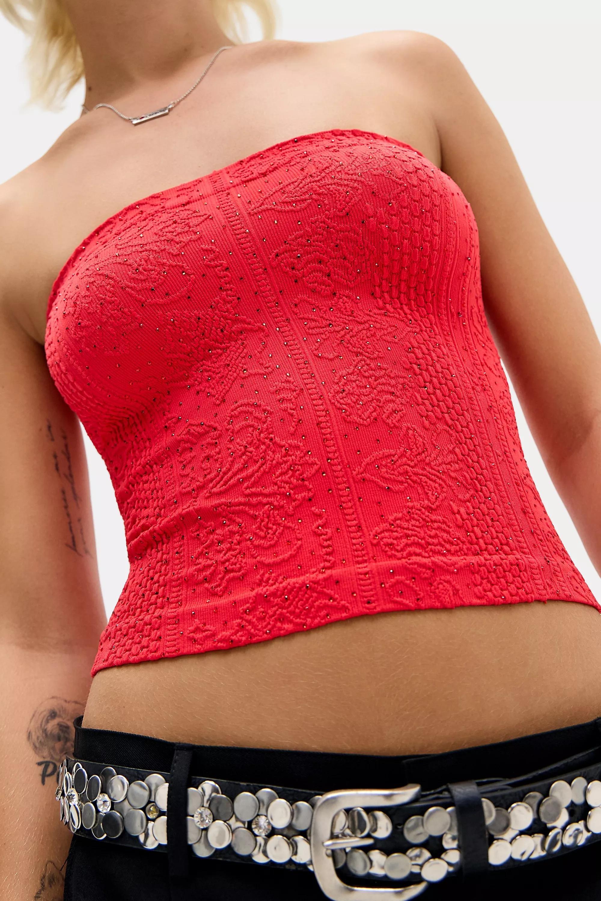 Red Out From Under Hotfix Tapestry Bandeau Top, RED, large image number 0