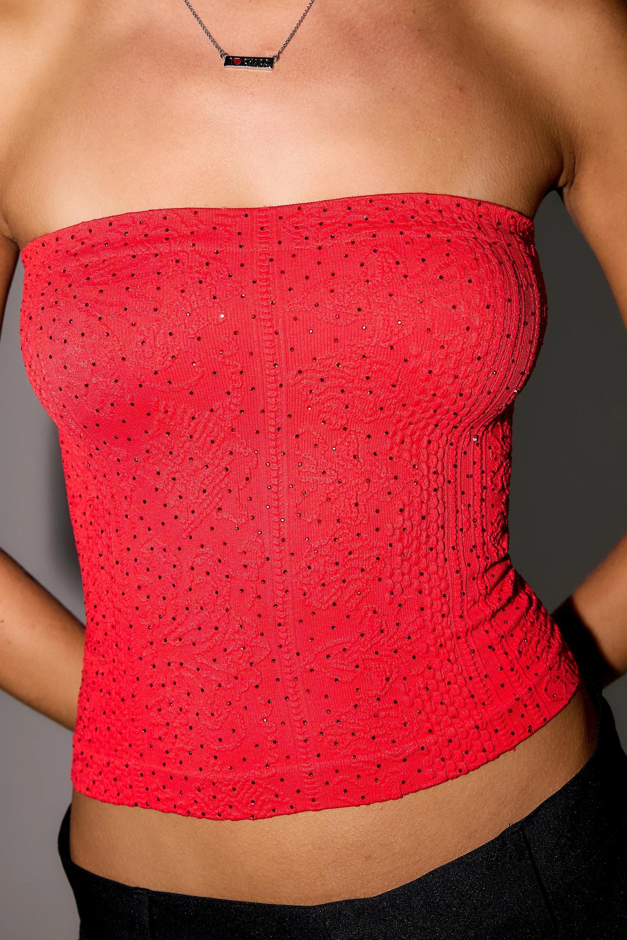 Red Out From Under Hotfix Tapestry Bandeau Top, RED, large image number 1