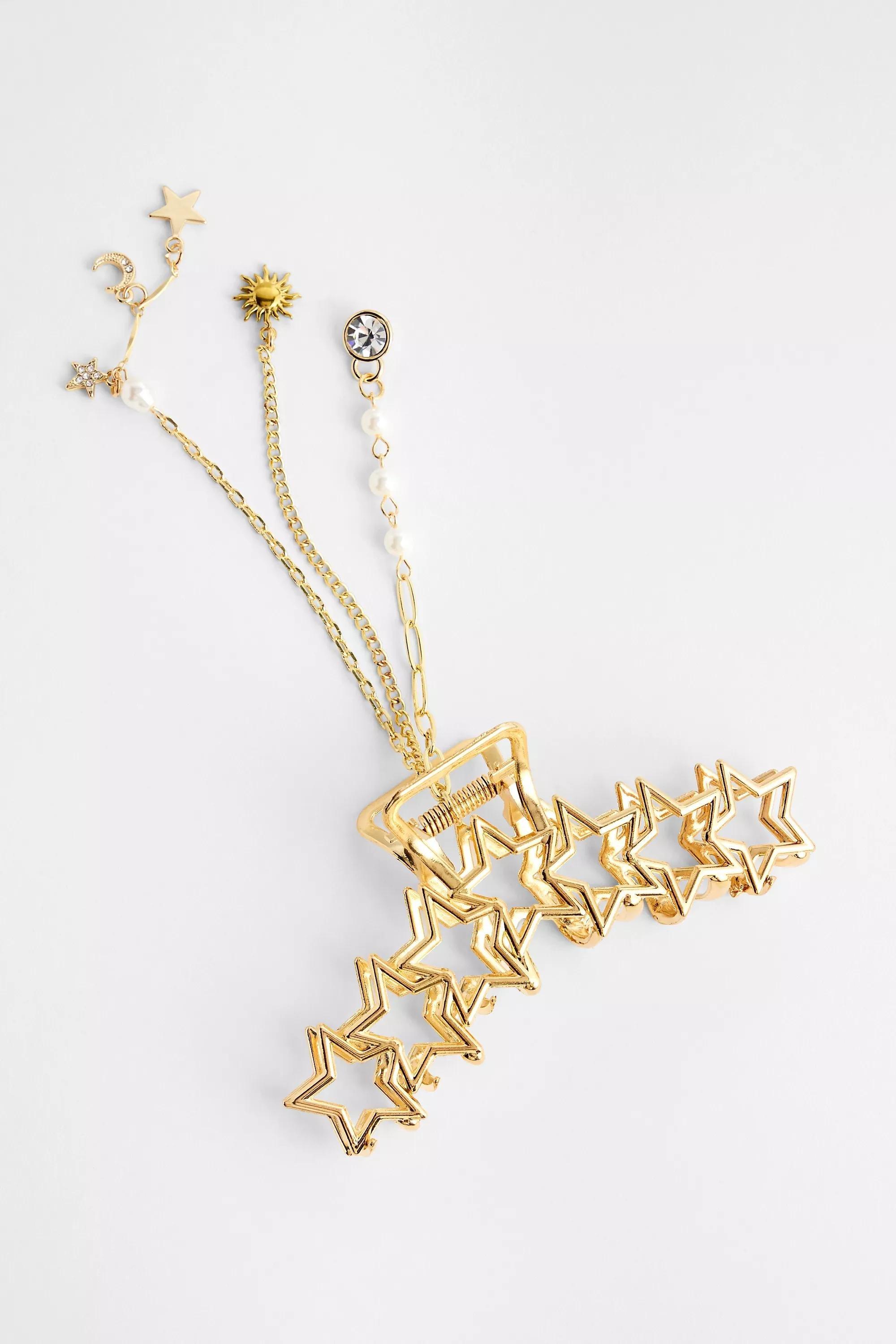 Gold Uo Multi-Star Charm Dangle Claw Clip, GOLD, medium