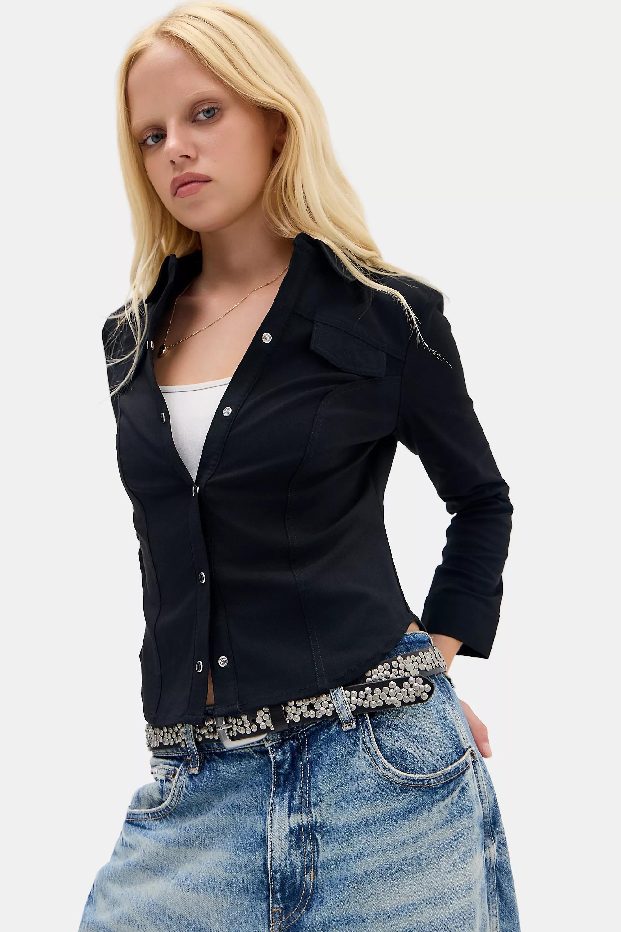 Black Silence + Noise Polly Bengaline 3/4 Sleeve Shirt, BLK, large image number 0