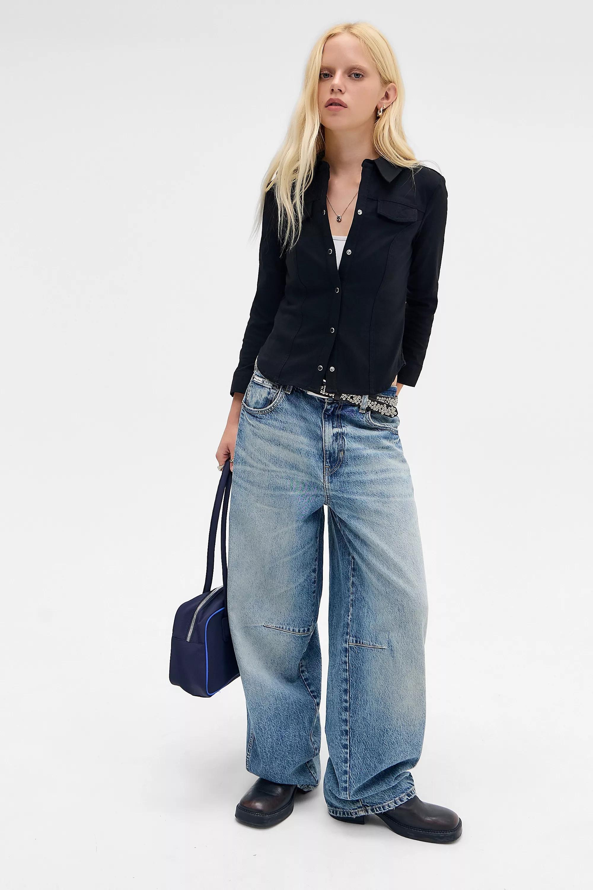 Black Silence + Noise Polly Bengaline 3/4 Sleeve Shirt, BLK, large image number 1