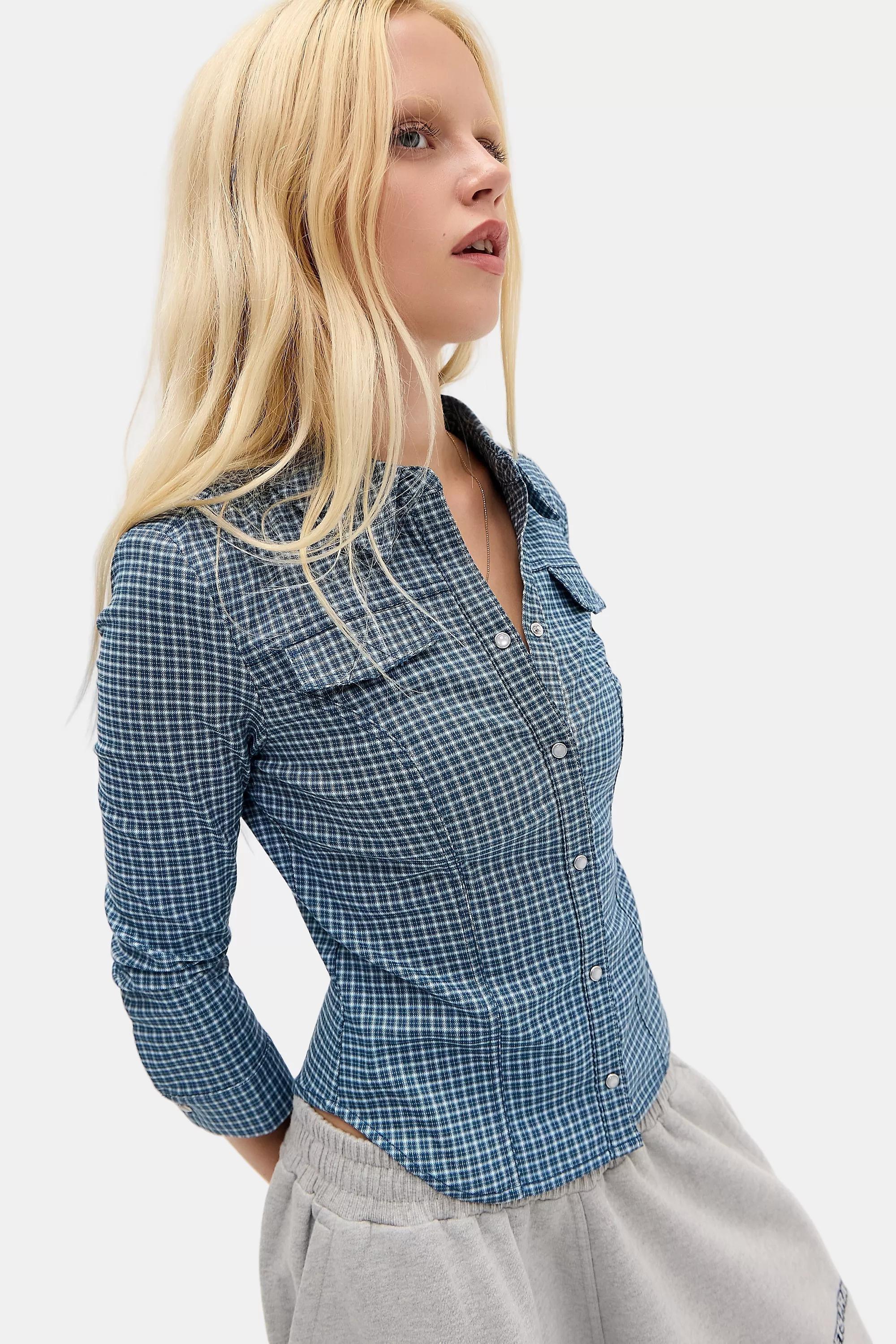 Blue Plaid Silence + Noise Polly Bengaline 3/4 Sleeve Shirt, A301_0586, large image number 0