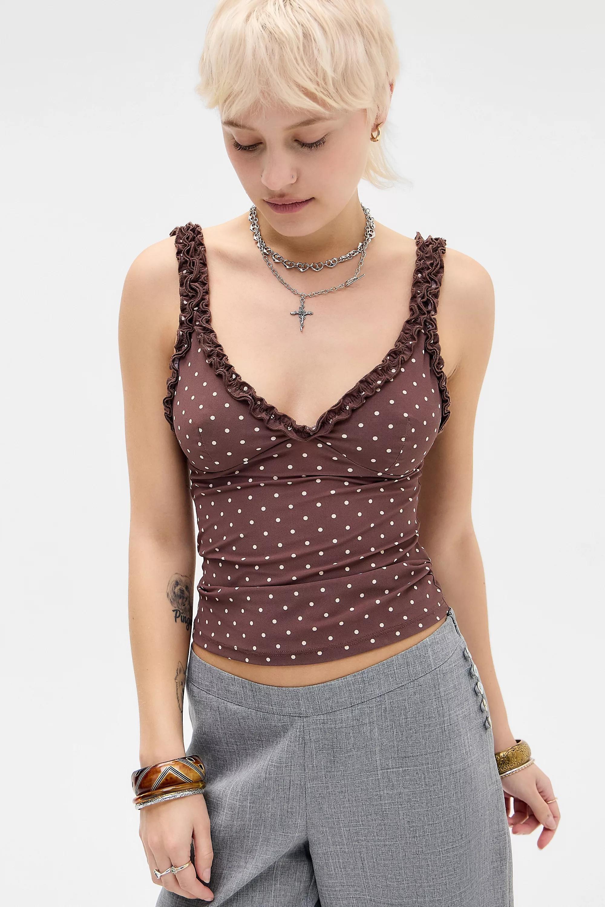 Brown Pattern Out From Under Cammy Ruffle Mesh Cami, BRN MOTIF, medium