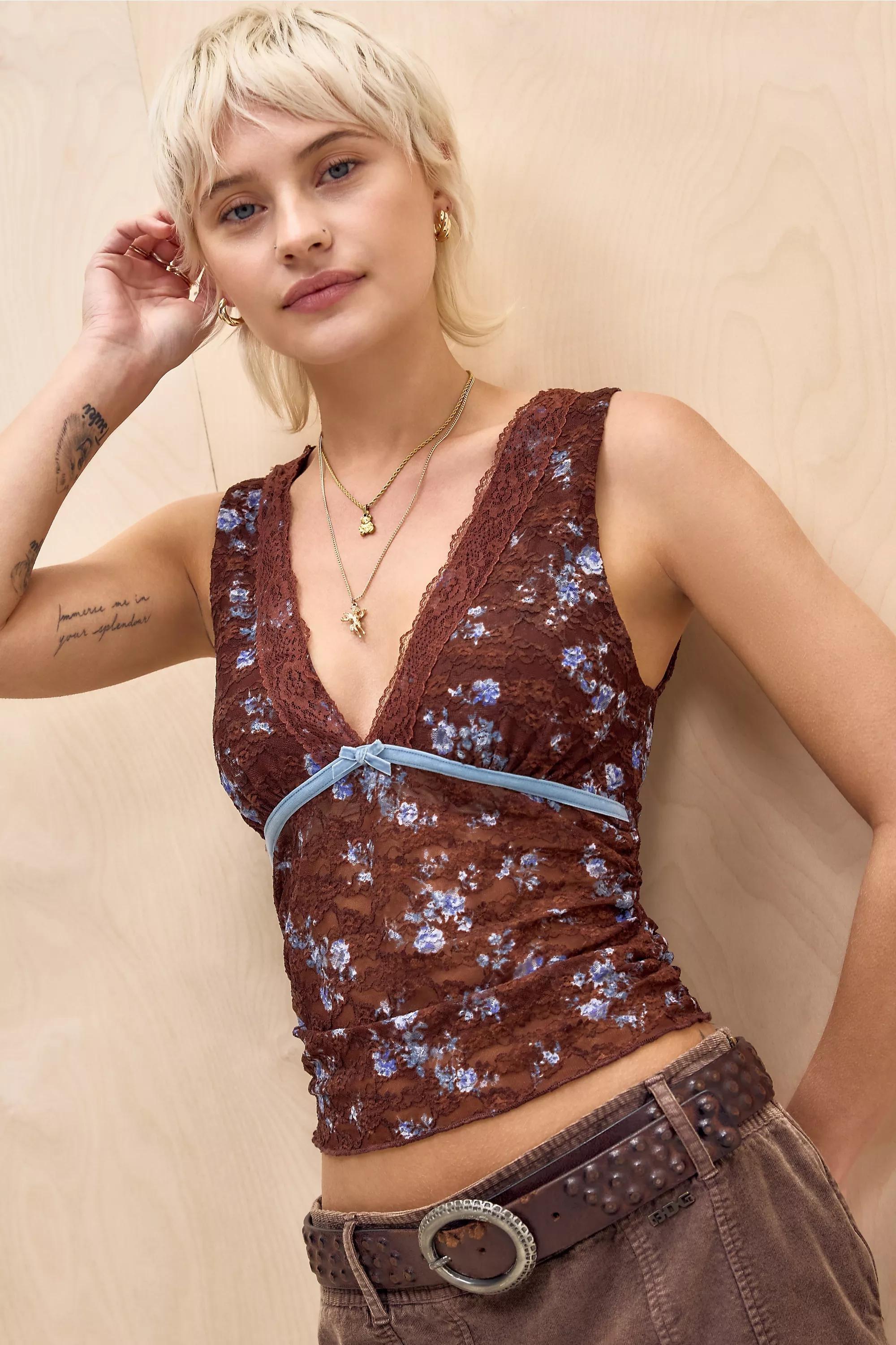 Brown Kimchi Blue Ivy Floral Lace Top, BRN, large image number 0