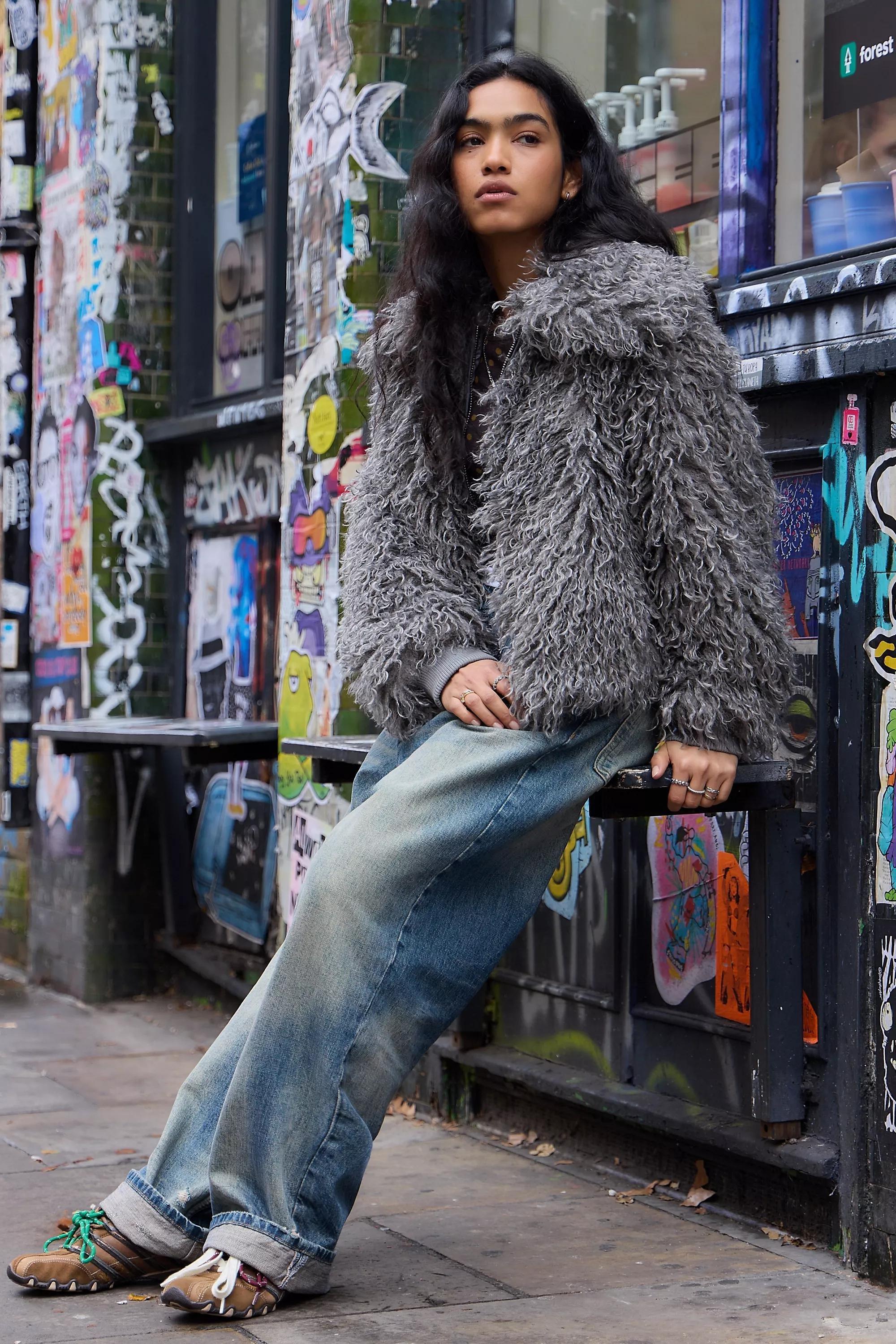 Grey Daisy Street Harlow Mongolian Faux Fur Jacket, GREY, medium