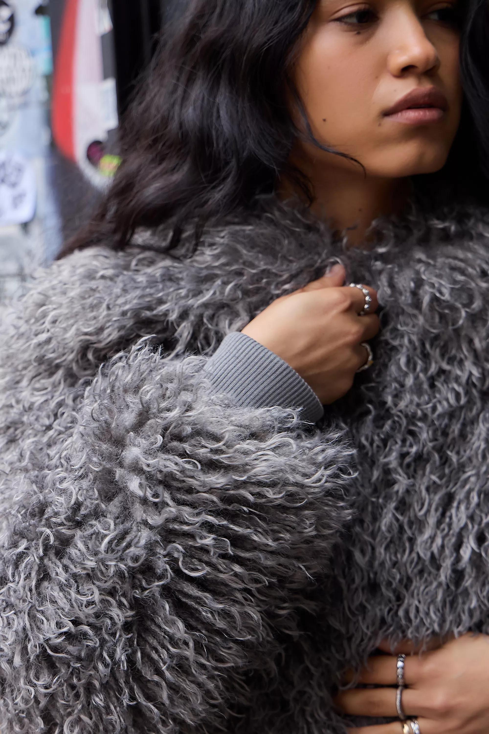 Grey Daisy Street Harlow Mongolian Faux Fur Jacket, GREY, medium