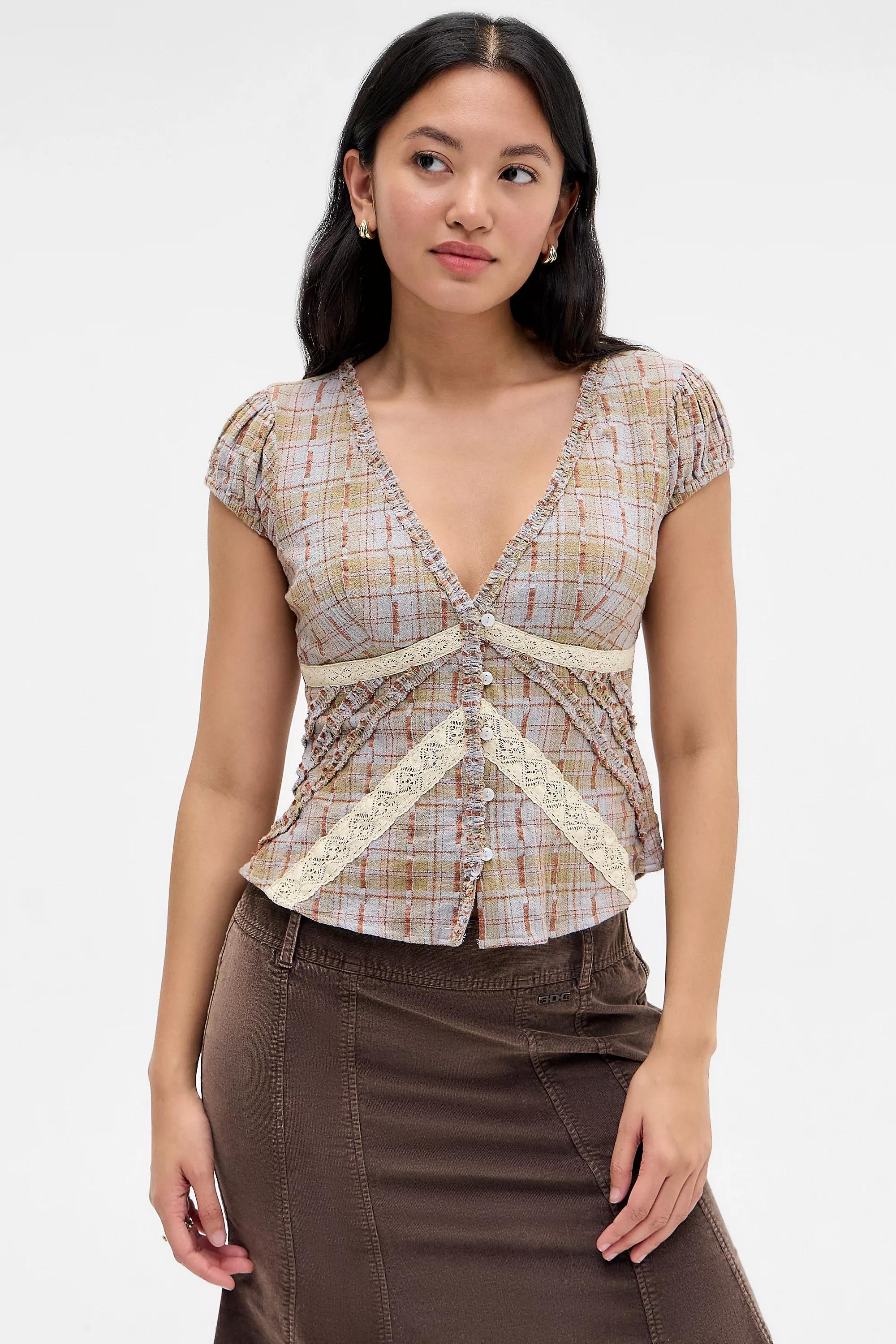 Brown Plaid Kimchi Blue Ruffle Blouse, A301_0584, large image number 0