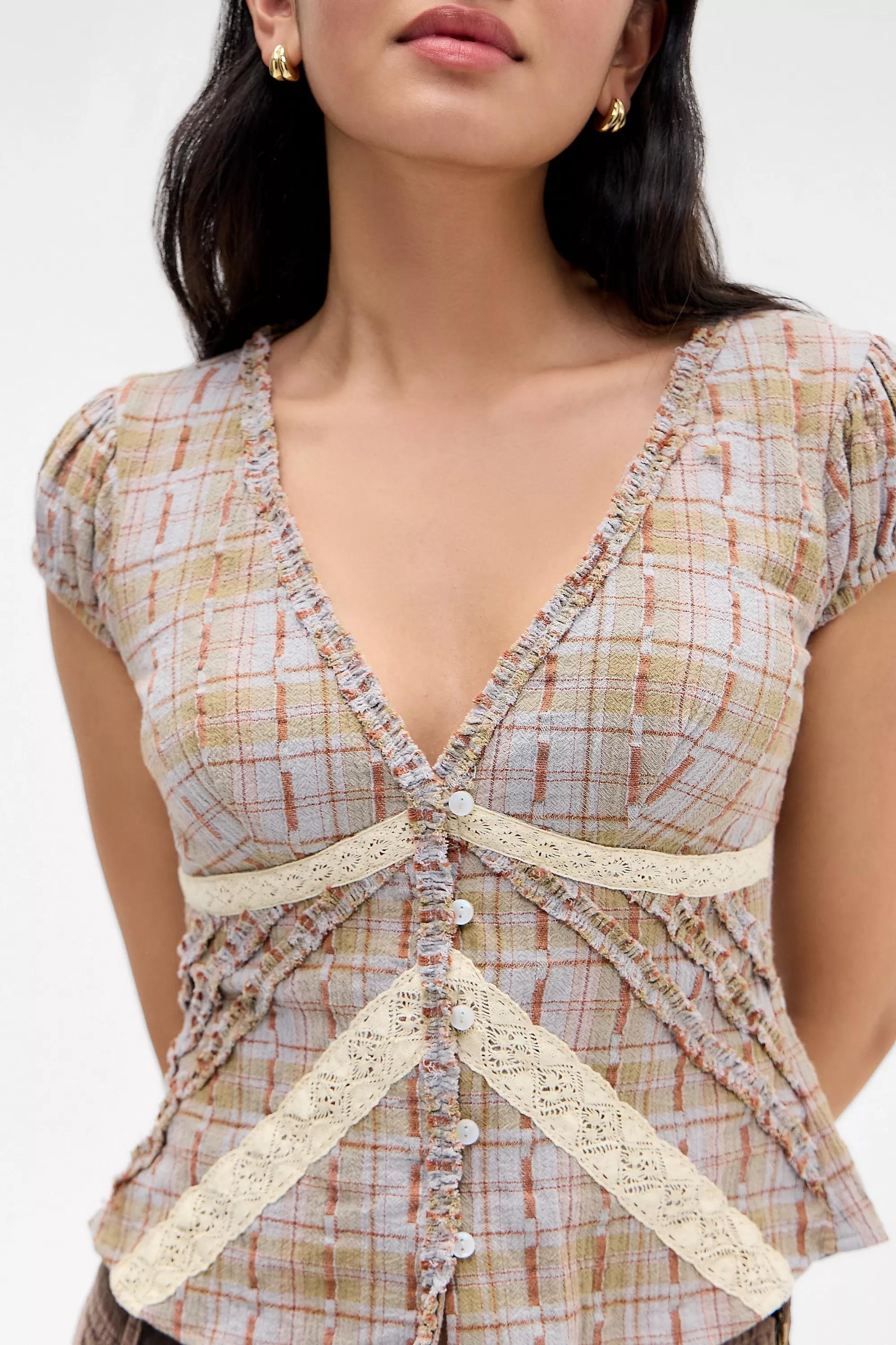 Brown Plaid Kimchi Blue Ruffle Blouse, A301_0584, medium
