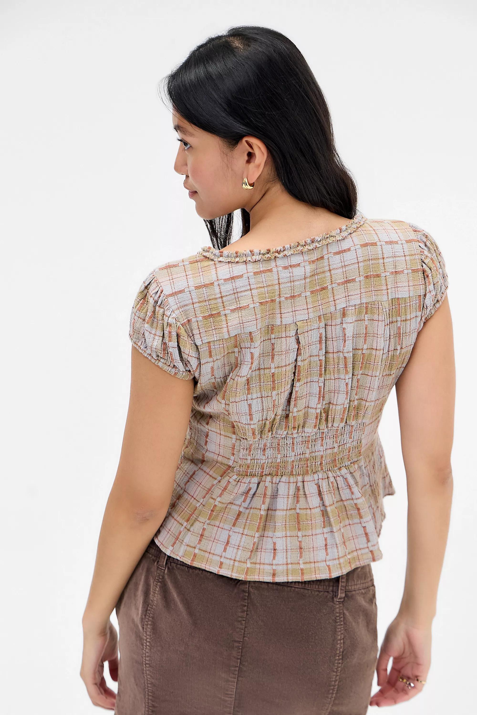 Brown Plaid Kimchi Blue Ruffle Blouse, A301_0584, large image number 3