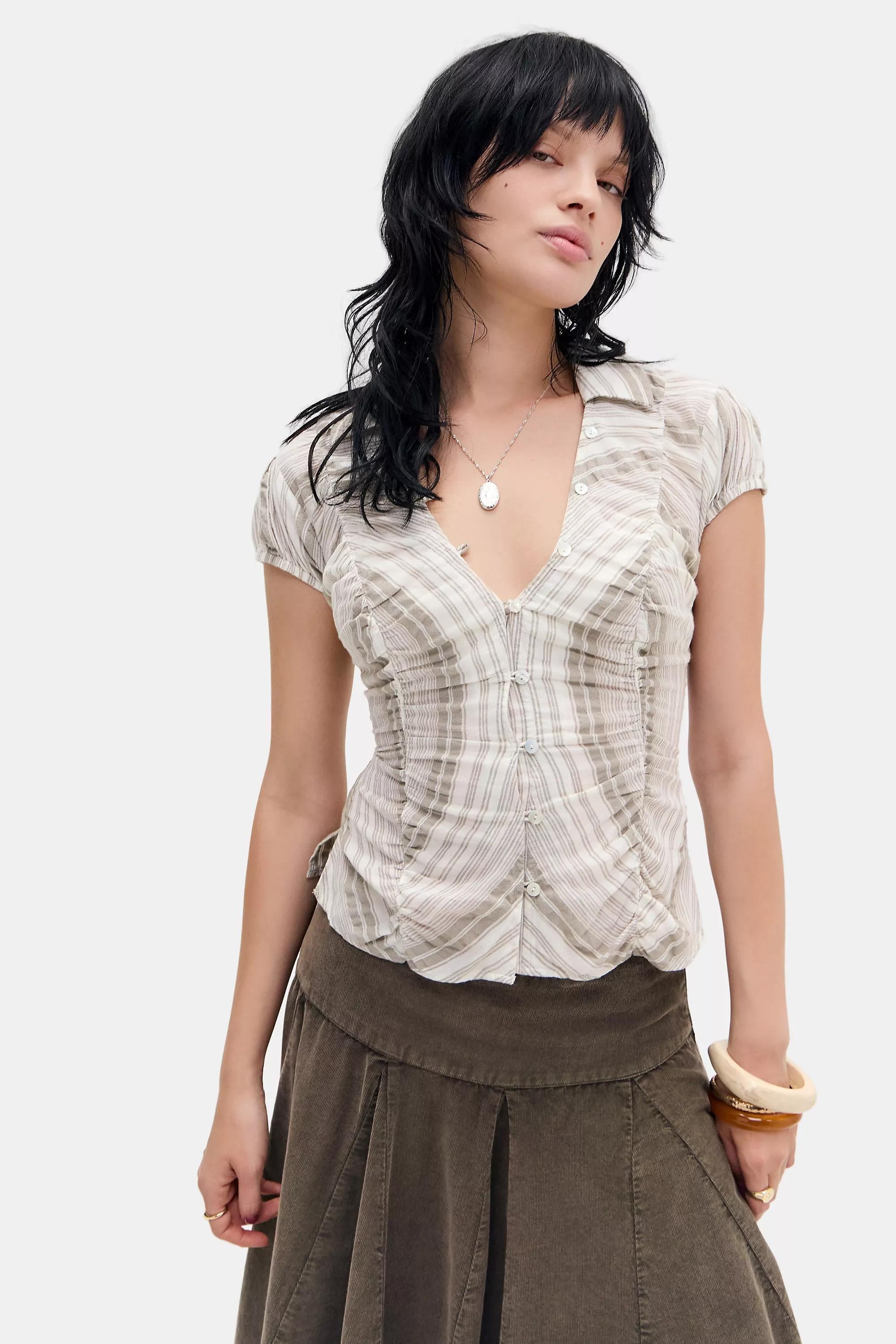 Brown Kimchi Blue Luna Ruched Shirt, A301_0544, large image number 0