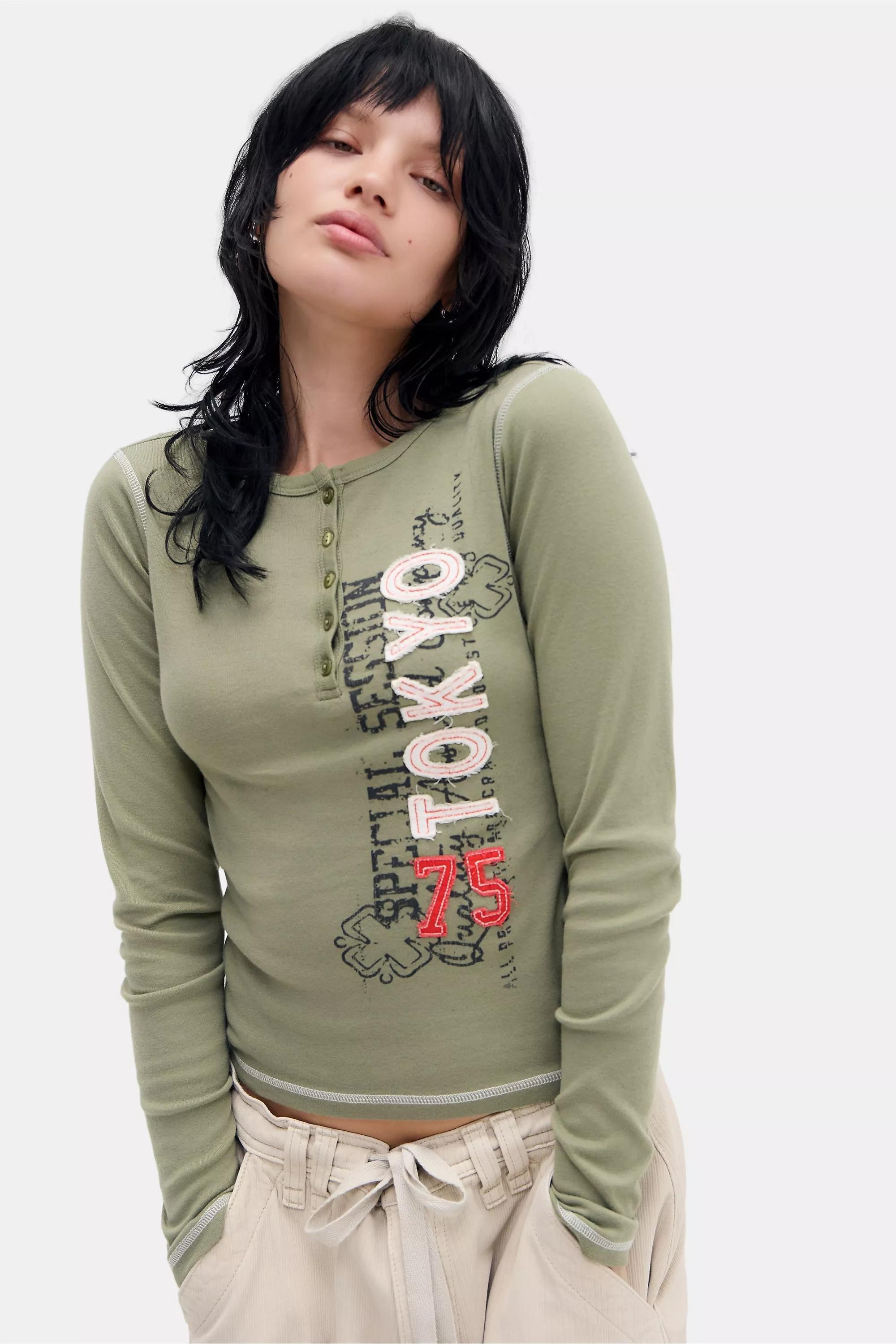 Khaki Bdg Tokyo Applique Henley T-Shirt, KHAKI, large image number 0