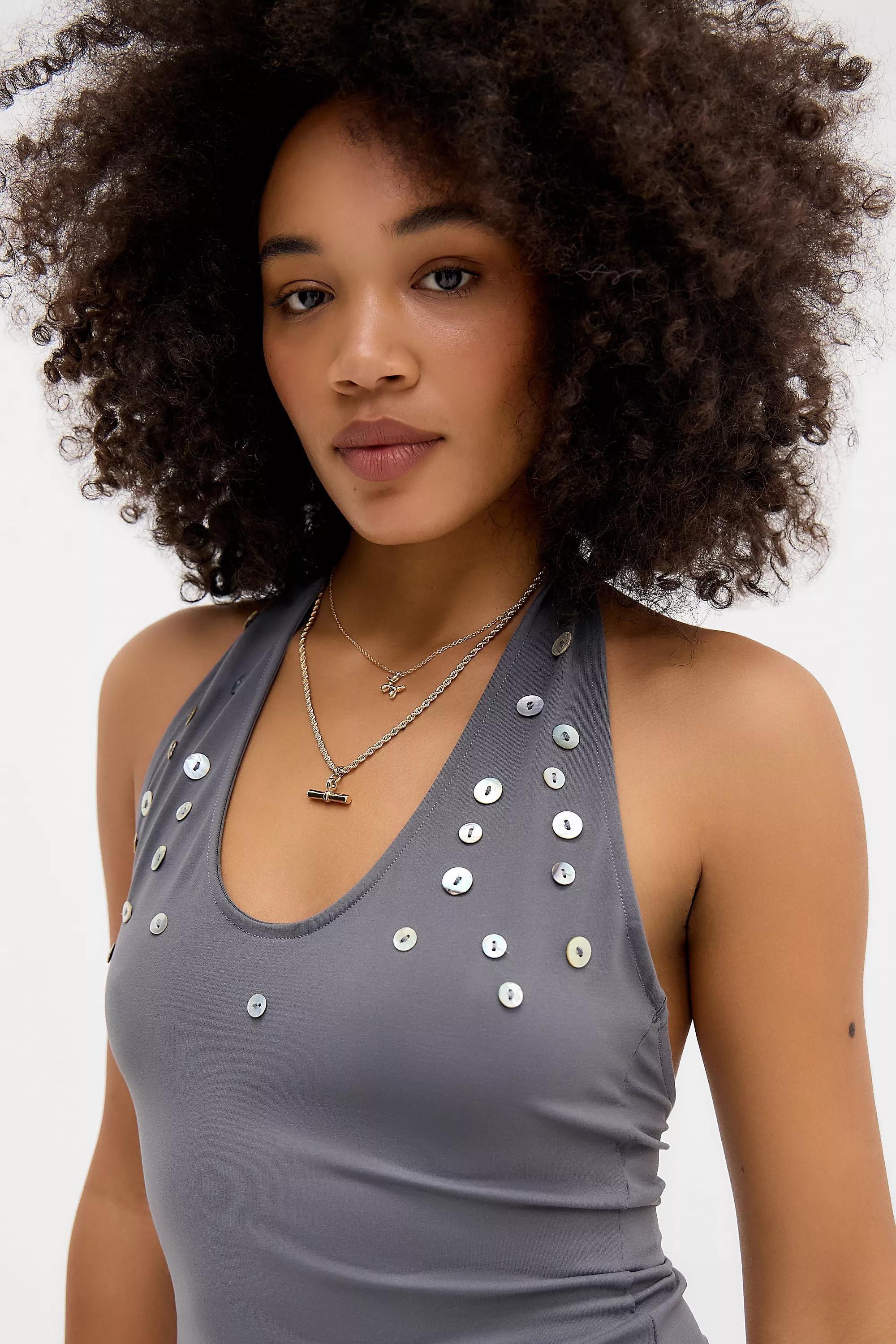 Grey Silence + Noise Shiny Button Halter Top, GREY, large image number 1