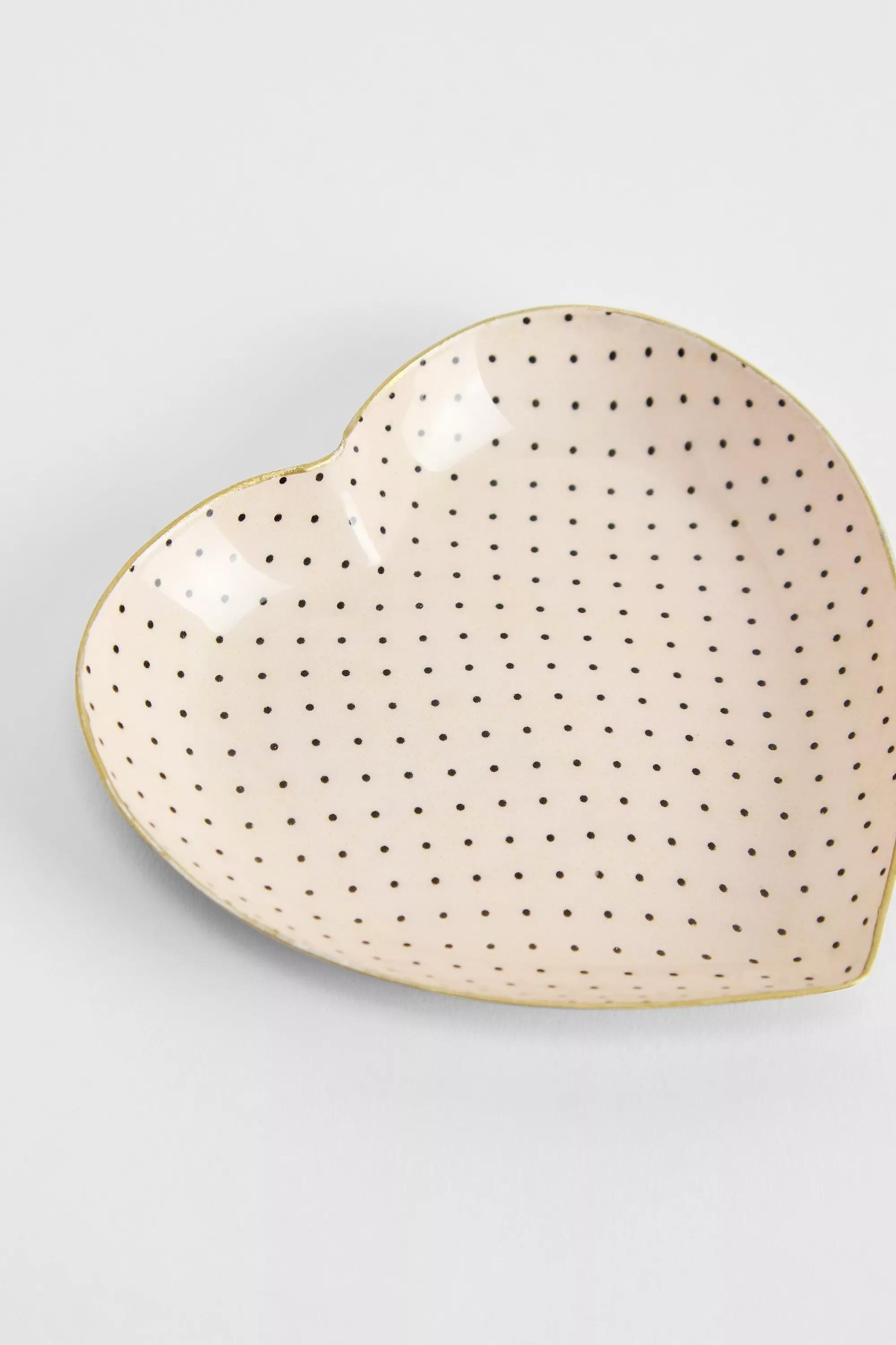 White Polka Dot Heart Trinket Dish, CREME, large image number 1