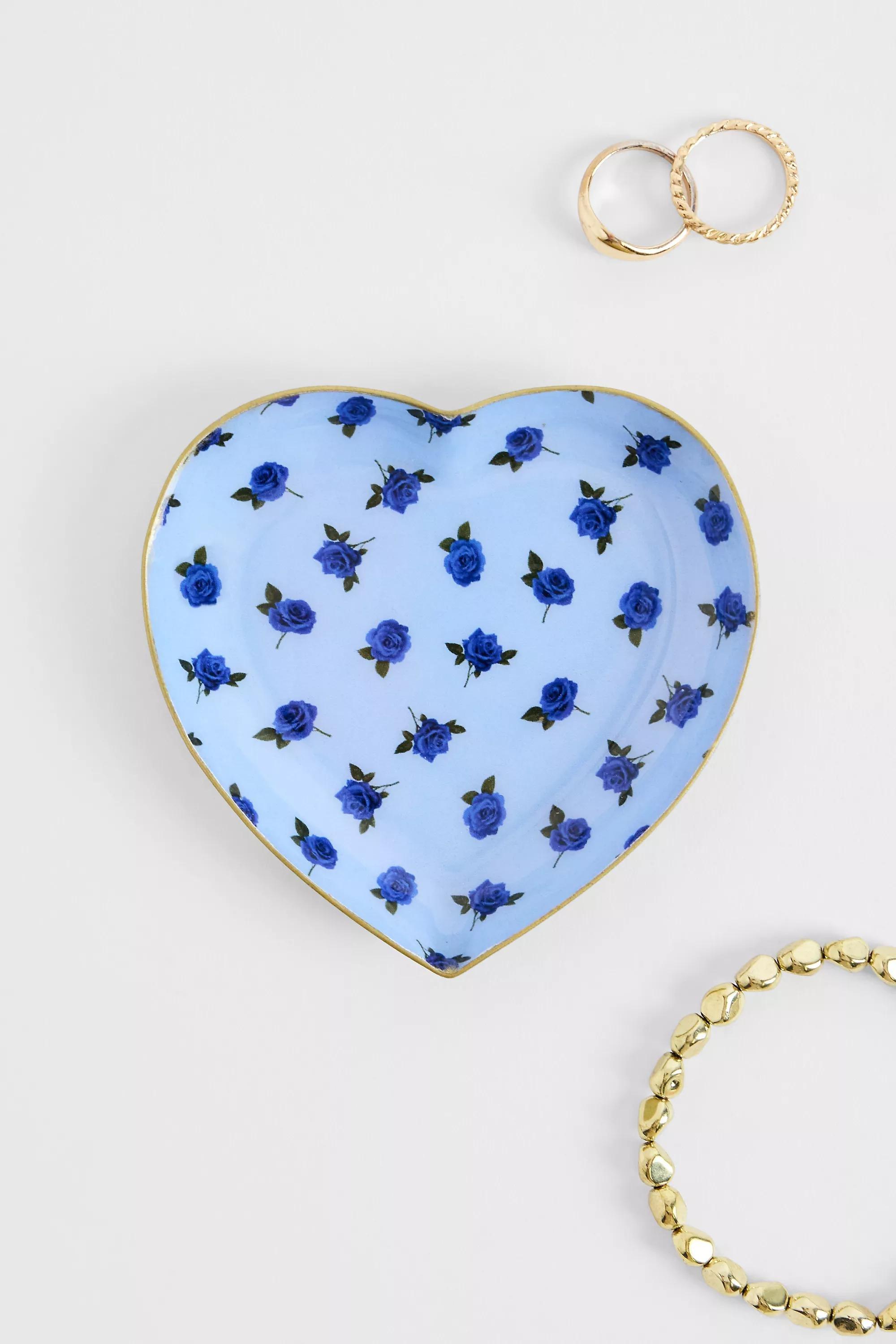 Blue Rosebud Heart Trinket Dish, BLUE, large image number 0