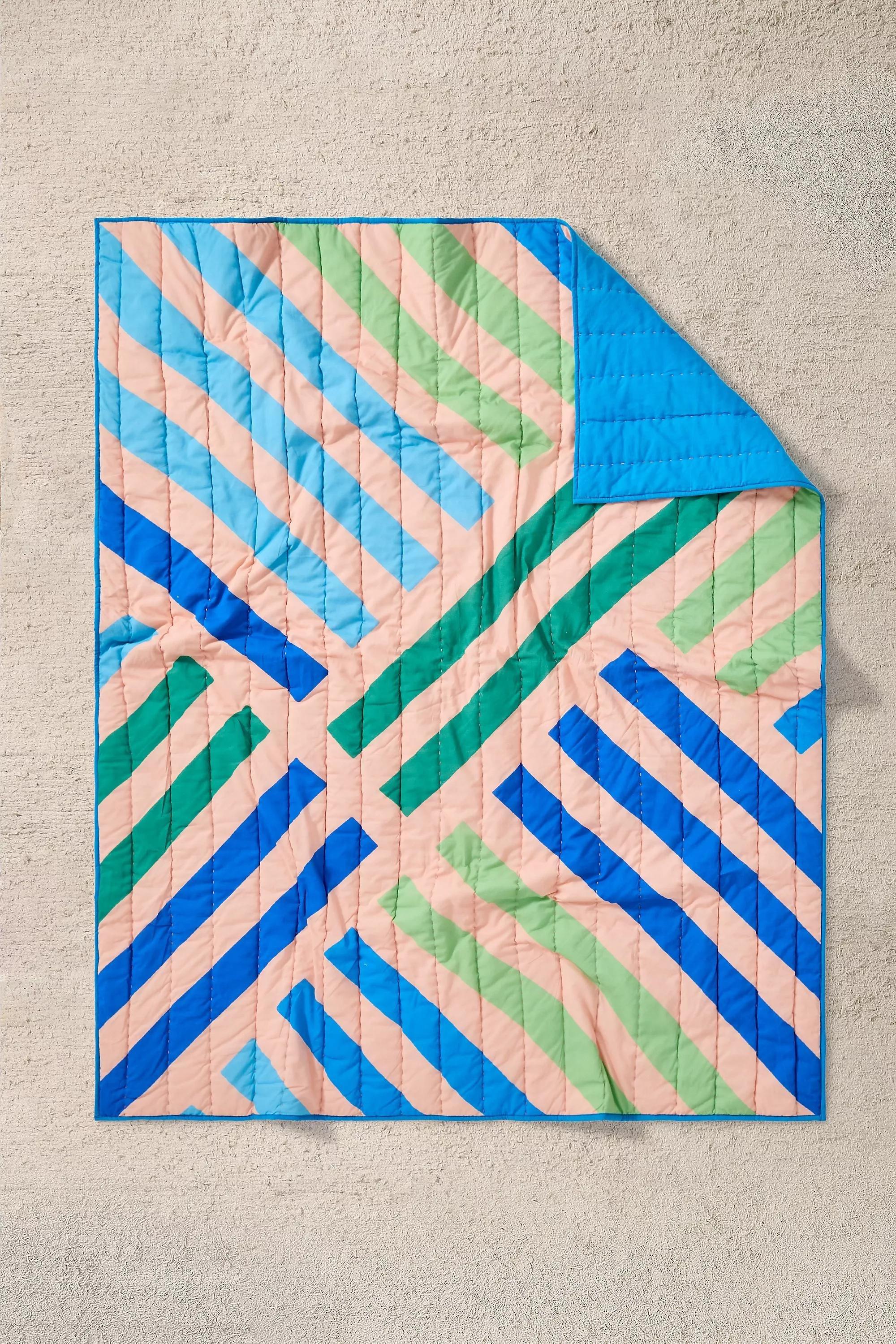 Multicolour Geometric Stripe Quilted Throw, ASSORT, large image number 0