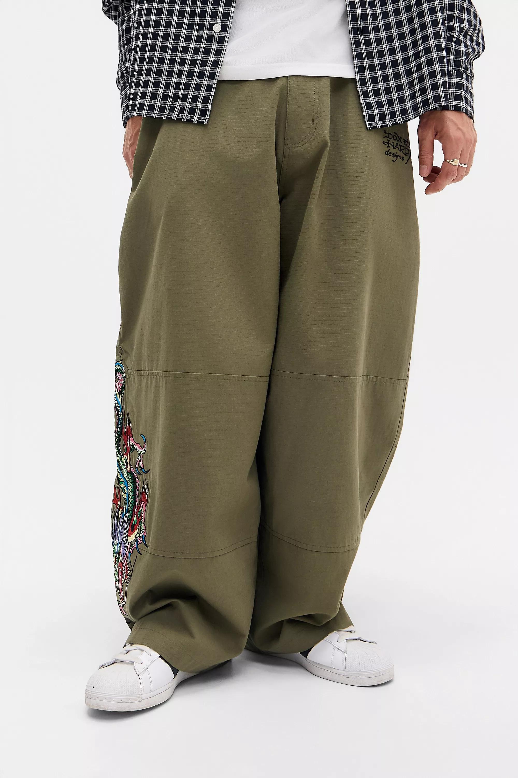 KHAKI Ed Hardy UO Exclusive Green Embroidered Ripstop Cargo Trousers, KHAKI, large image number 0
