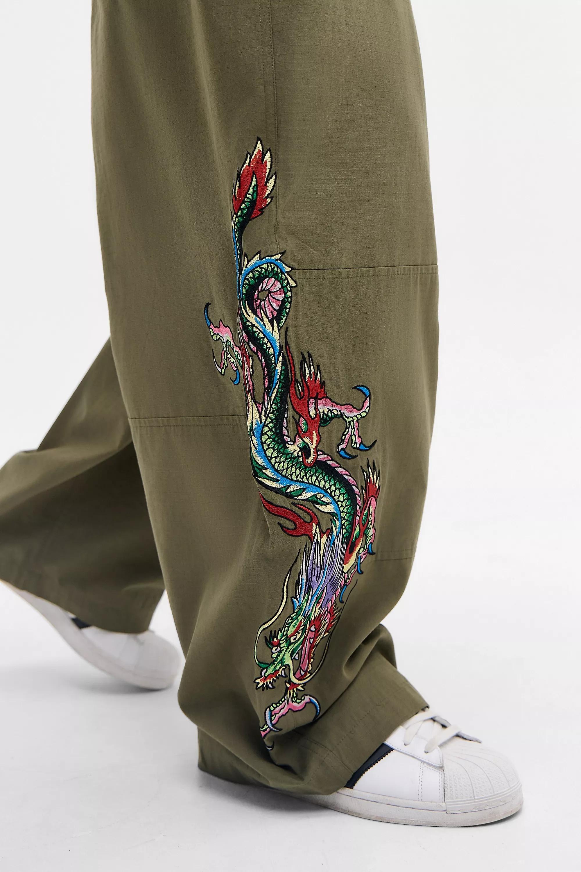 KHAKI Ed Hardy UO Exclusive Green Embroidered Ripstop Cargo Trousers, KHAKI, large image number 1