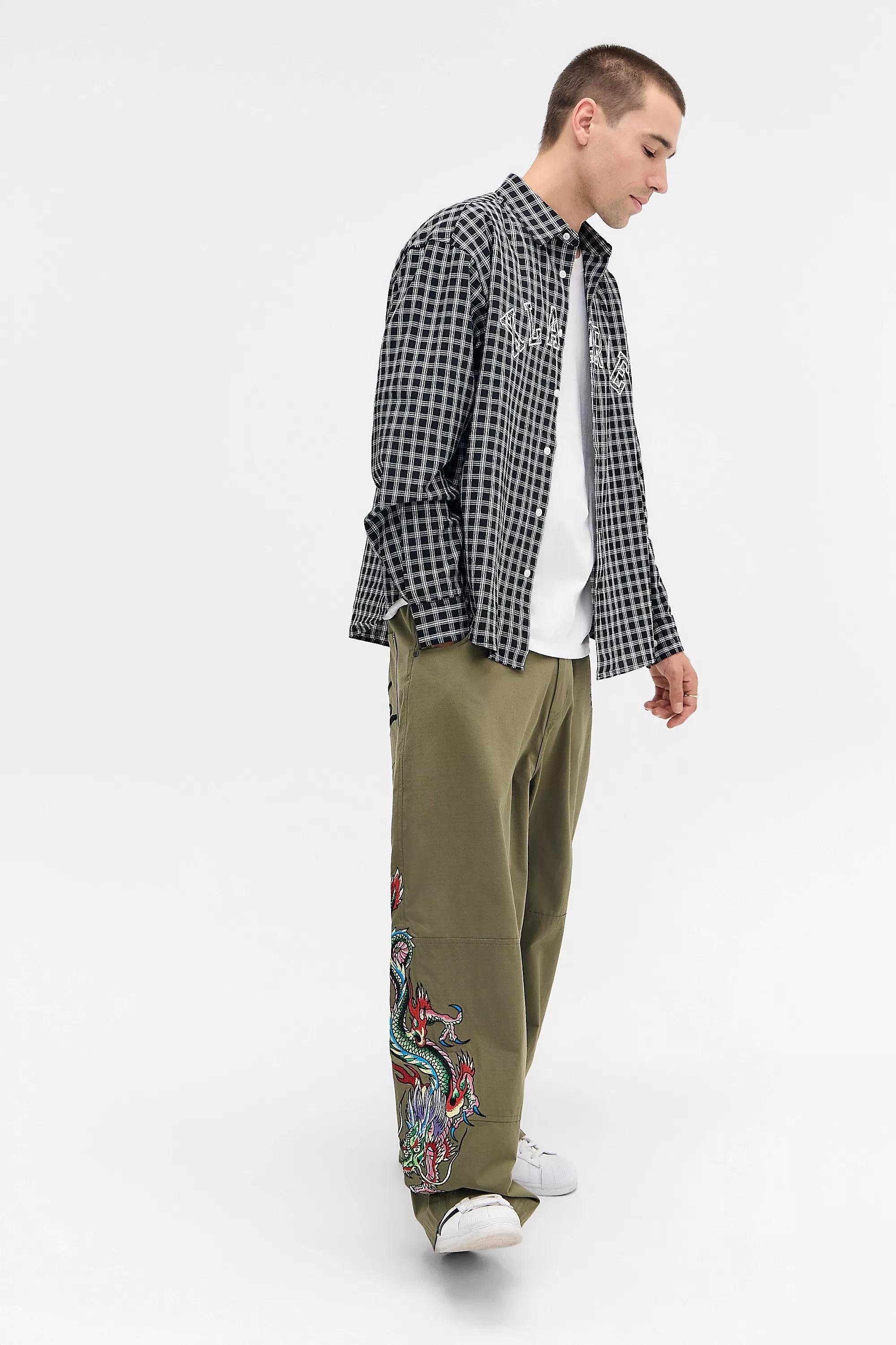 KHAKI Ed Hardy UO Exclusive Green Embroidered Ripstop Cargo Trousers, KHAKI, large image number 2