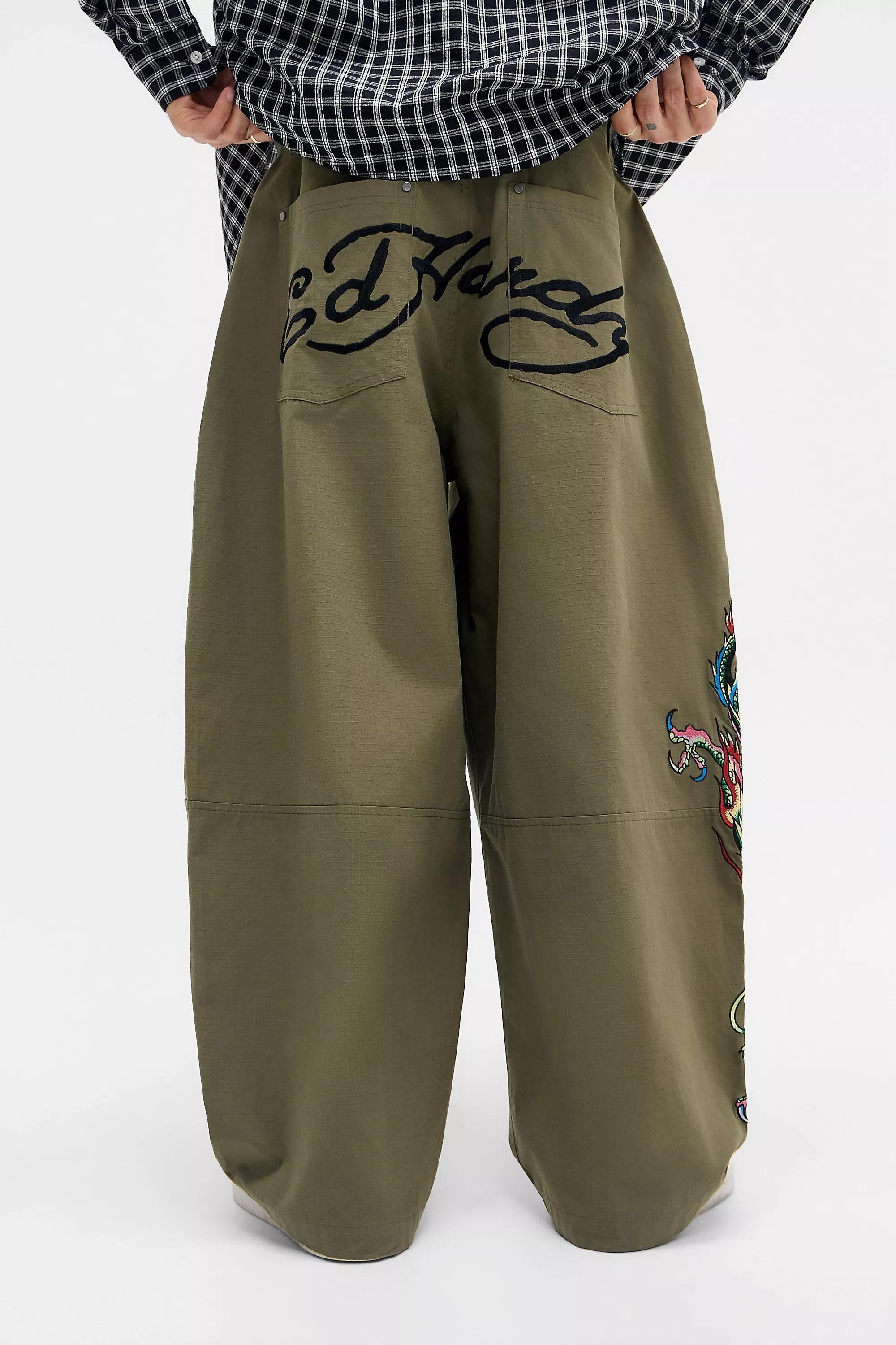KHAKI Ed Hardy UO Exclusive Green Embroidered Ripstop Cargo Trousers, KHAKI, large image number 3