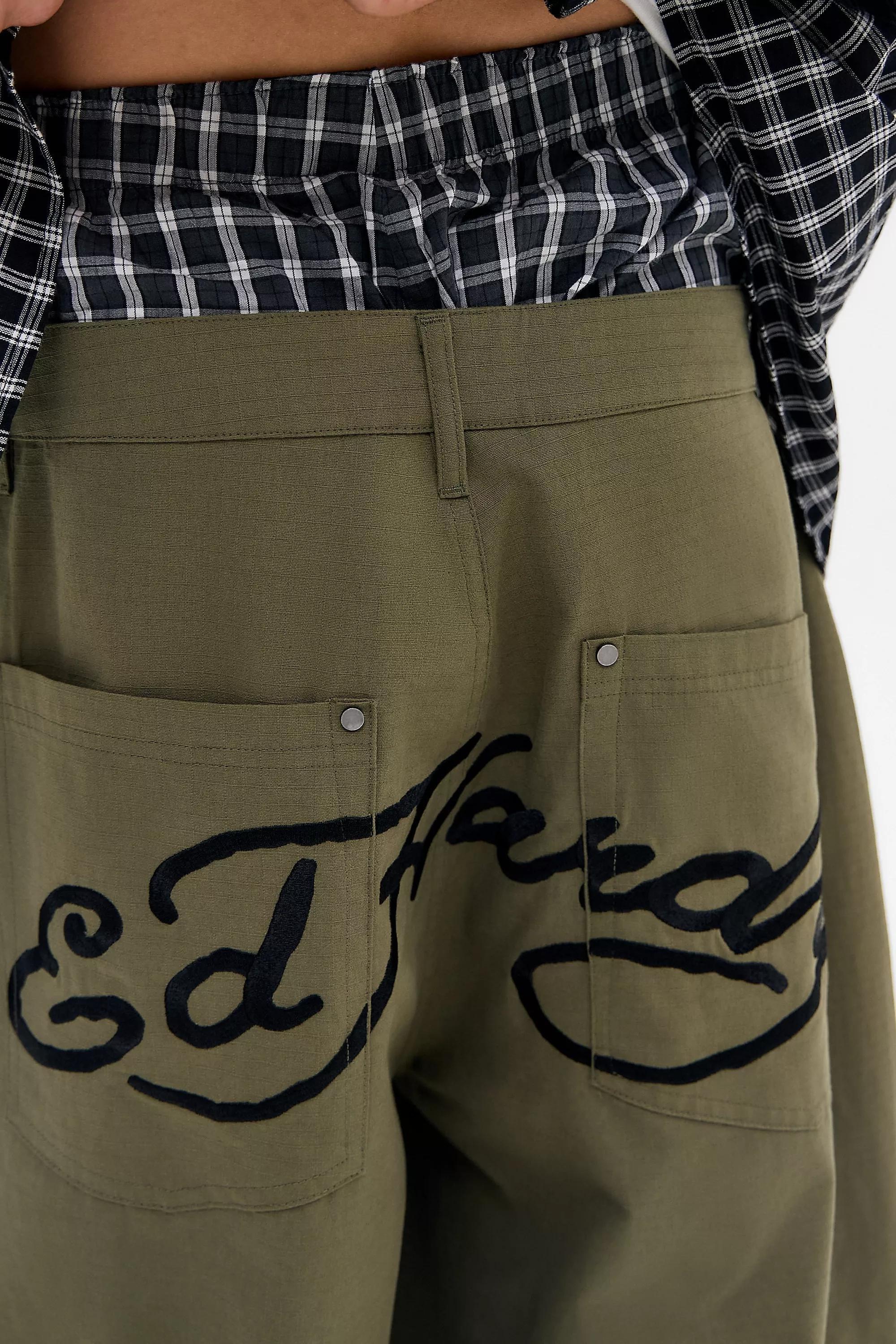 KHAKI Ed Hardy UO Exclusive Green Embroidered Ripstop Cargo Trousers, KHAKI, large image number 4