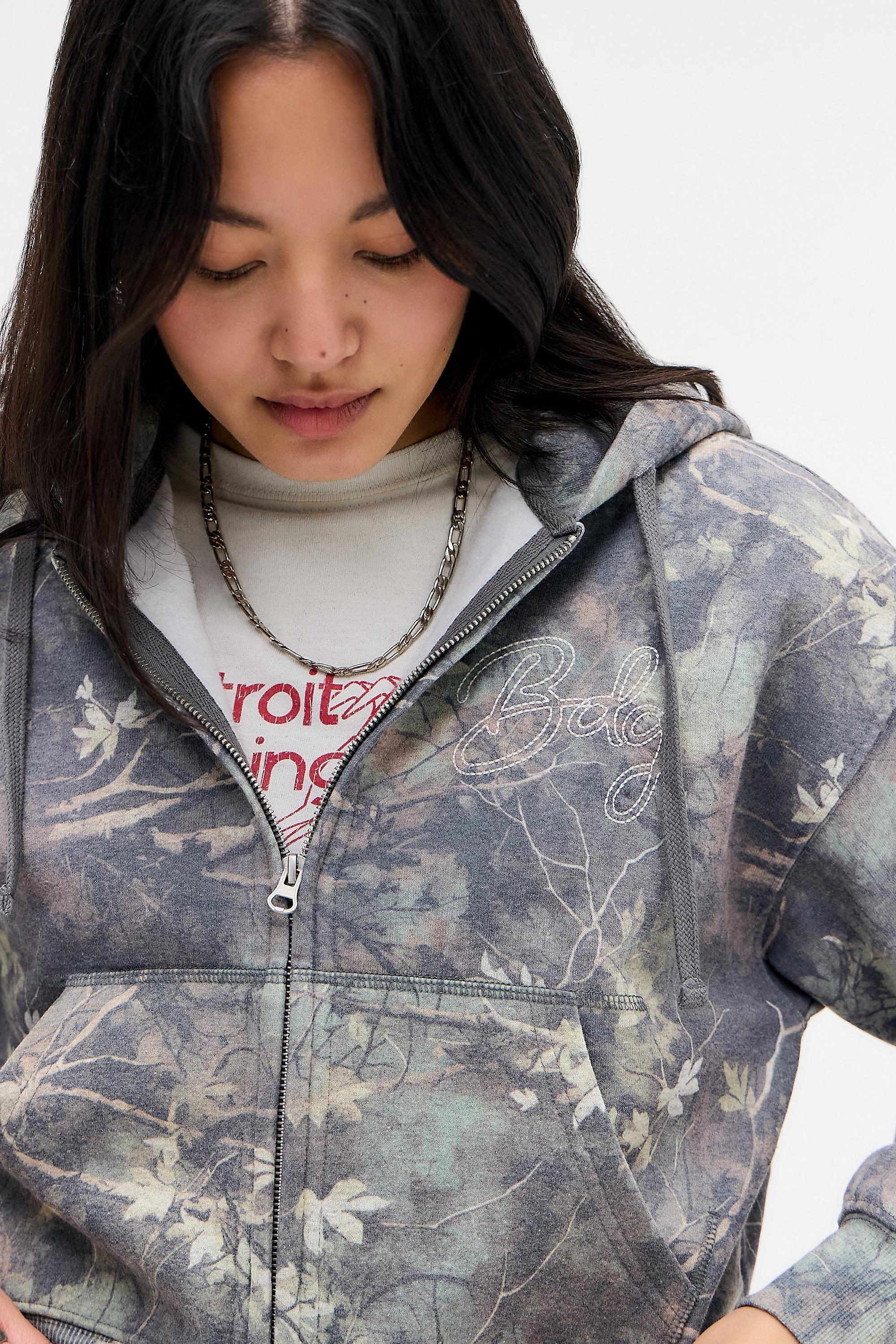 Green Bdg Leaf Camo Zip-Through Hoodie, GRN, medium