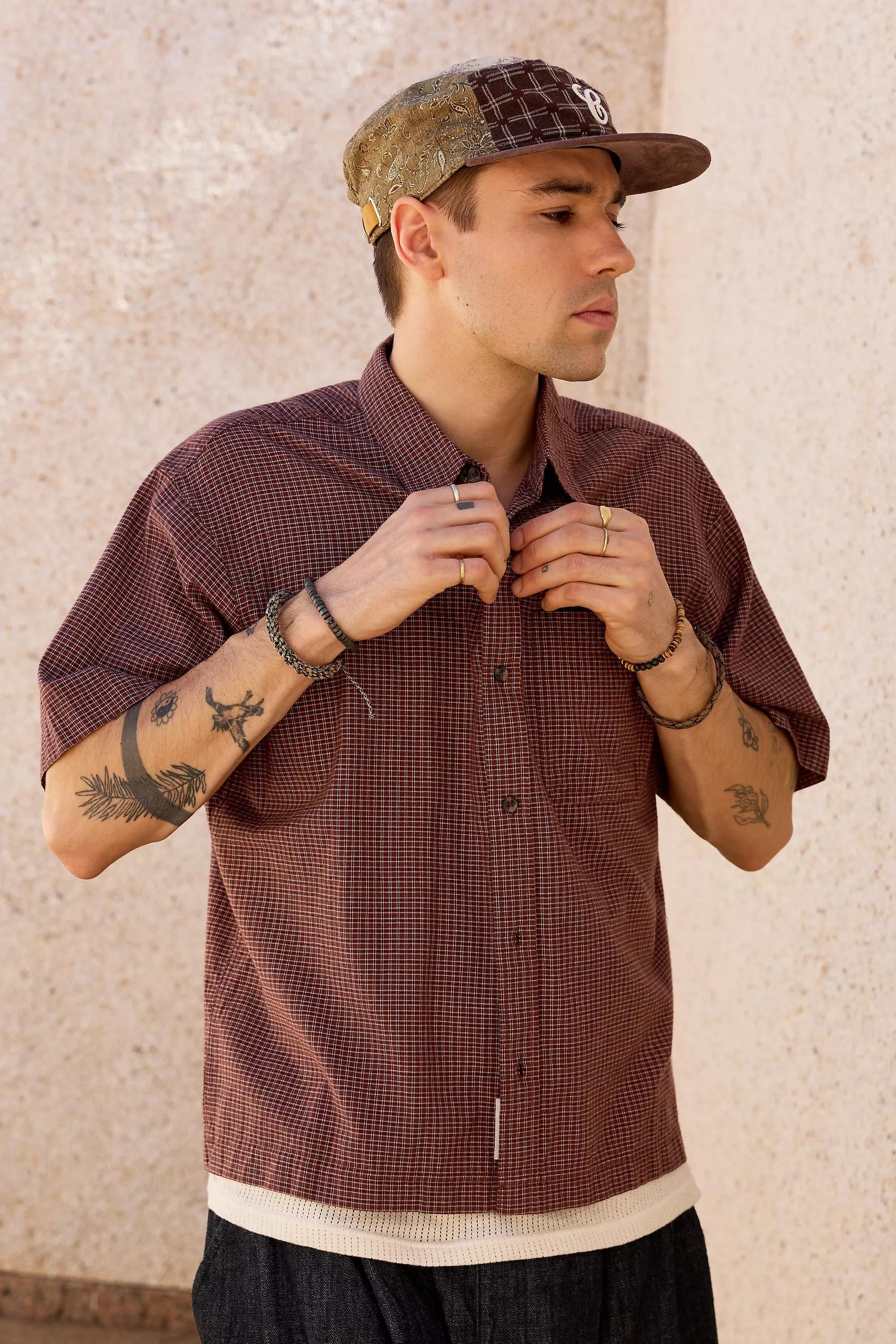 CHOCOLATE BDG Brown Mini Check Short Sleeve Shirt, CHOC, large image number 1