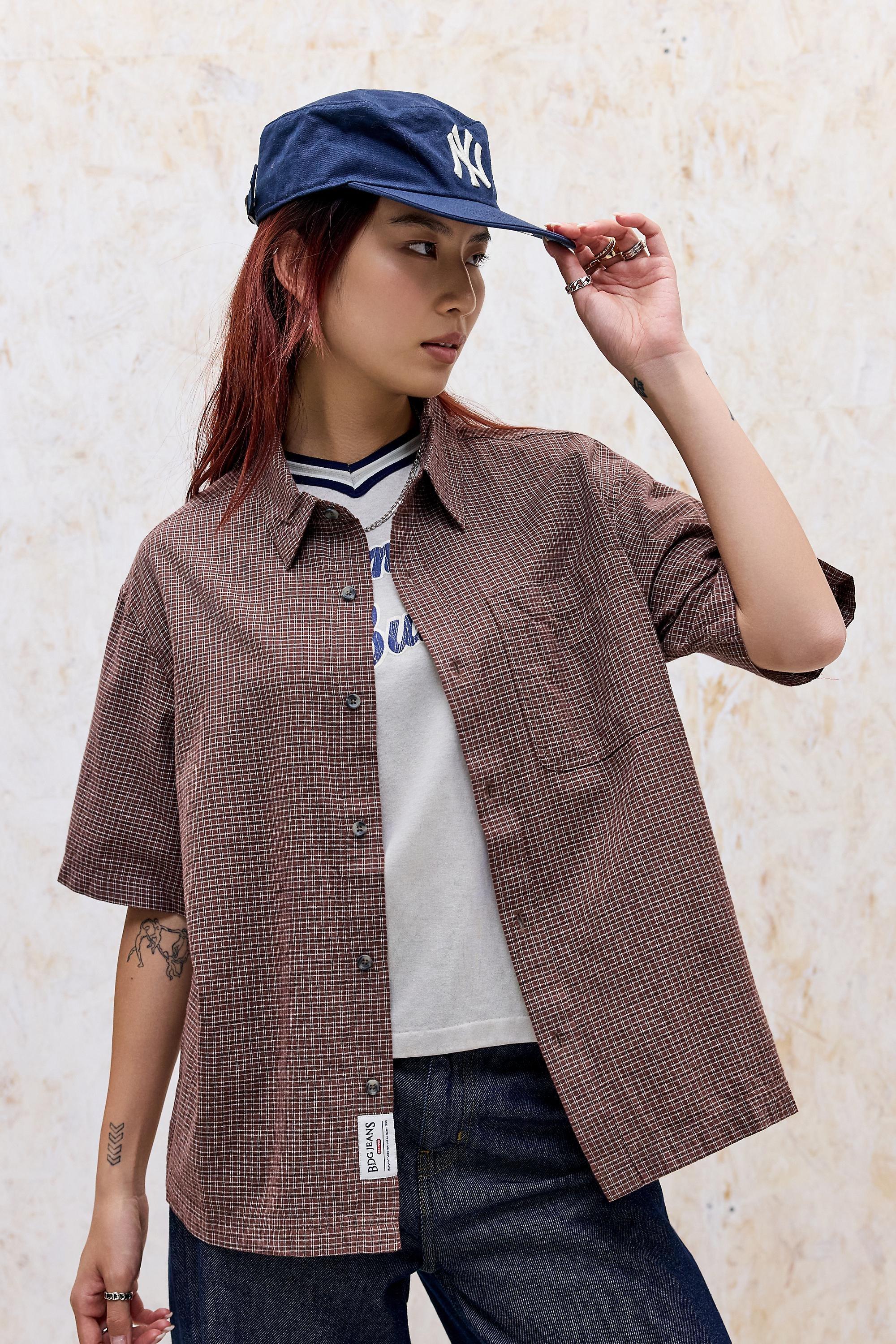 CHOCOLATE BDG Brown Mini Check Short Sleeve Shirt, CHOC, large image number 4