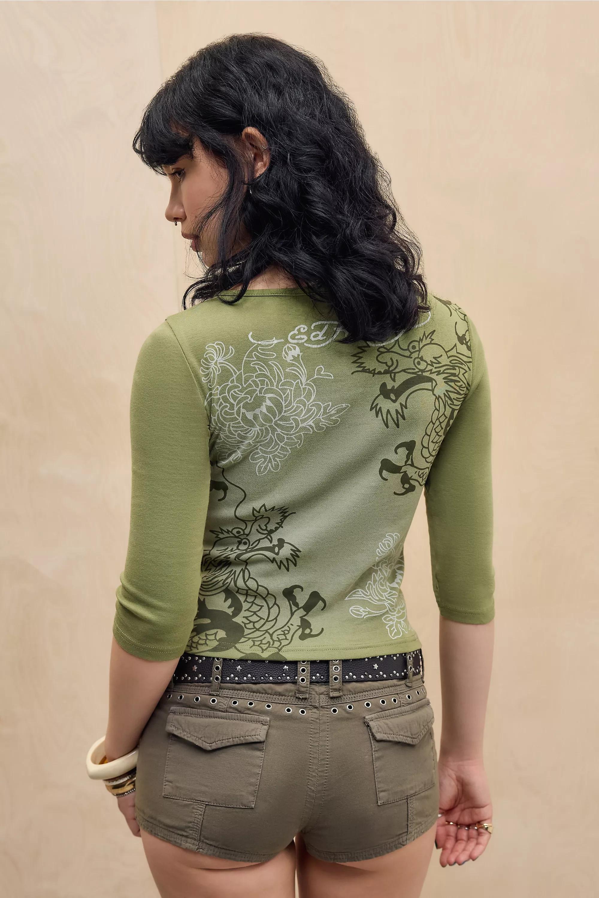 KHAKI Ed Hardy UO Exclusive Khaki Dragon Print T-Shirt, KHAKI, large image number 3