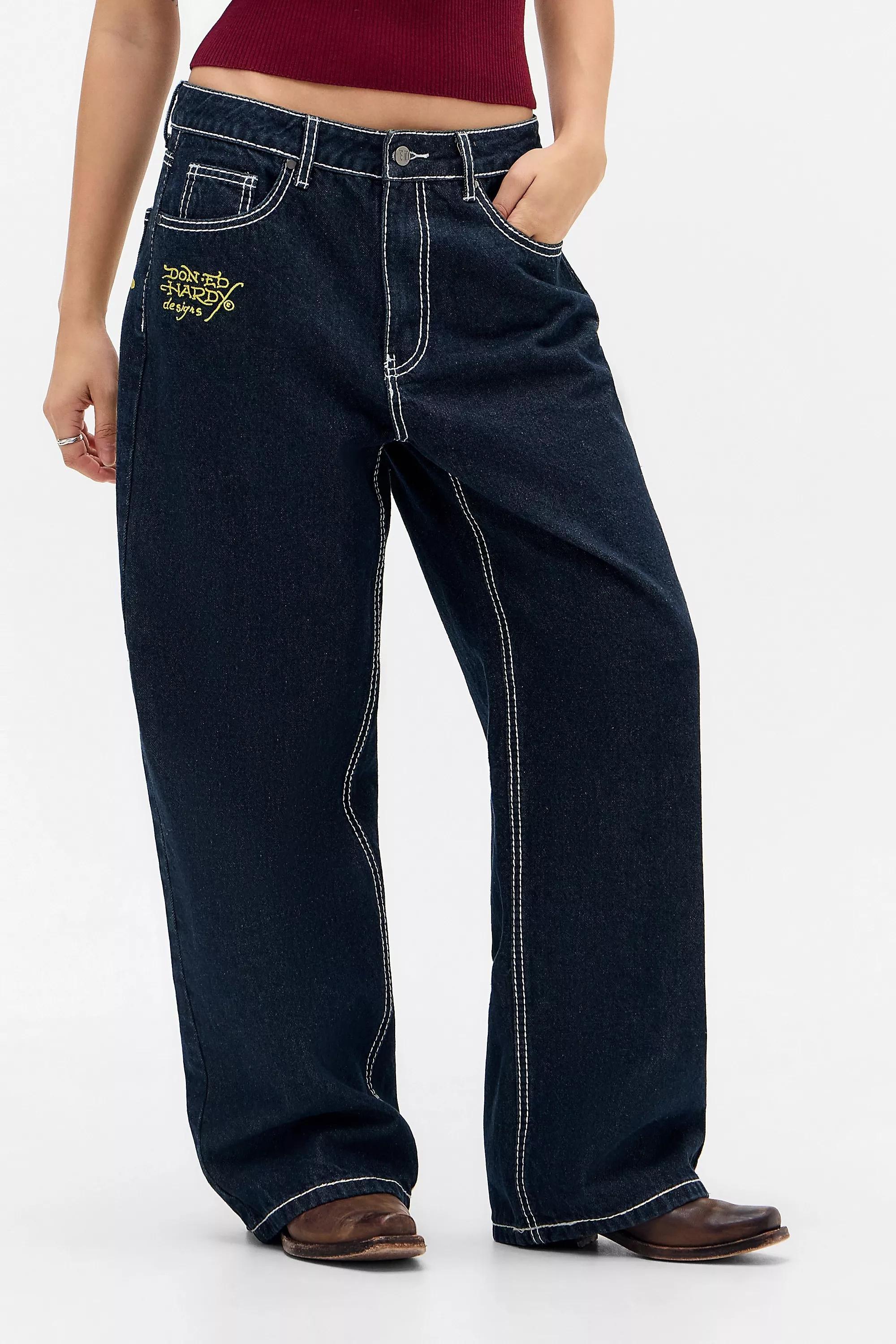 Blue Ed Hardy Embroidered Jeans, INDIGO, large image number 0