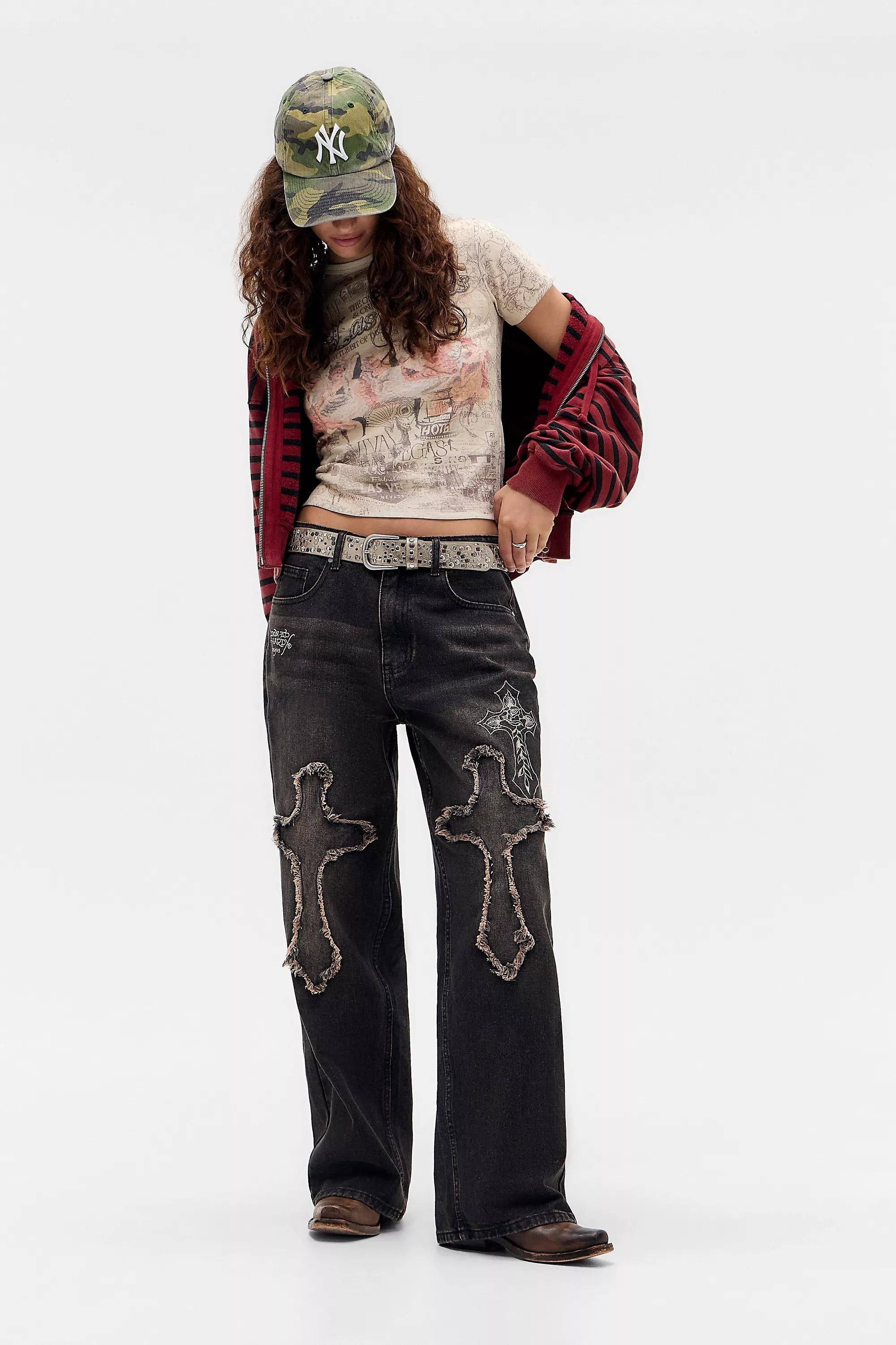 Brown Ed Hardy Embroidered Cross Jeans, BRN, large image number 0