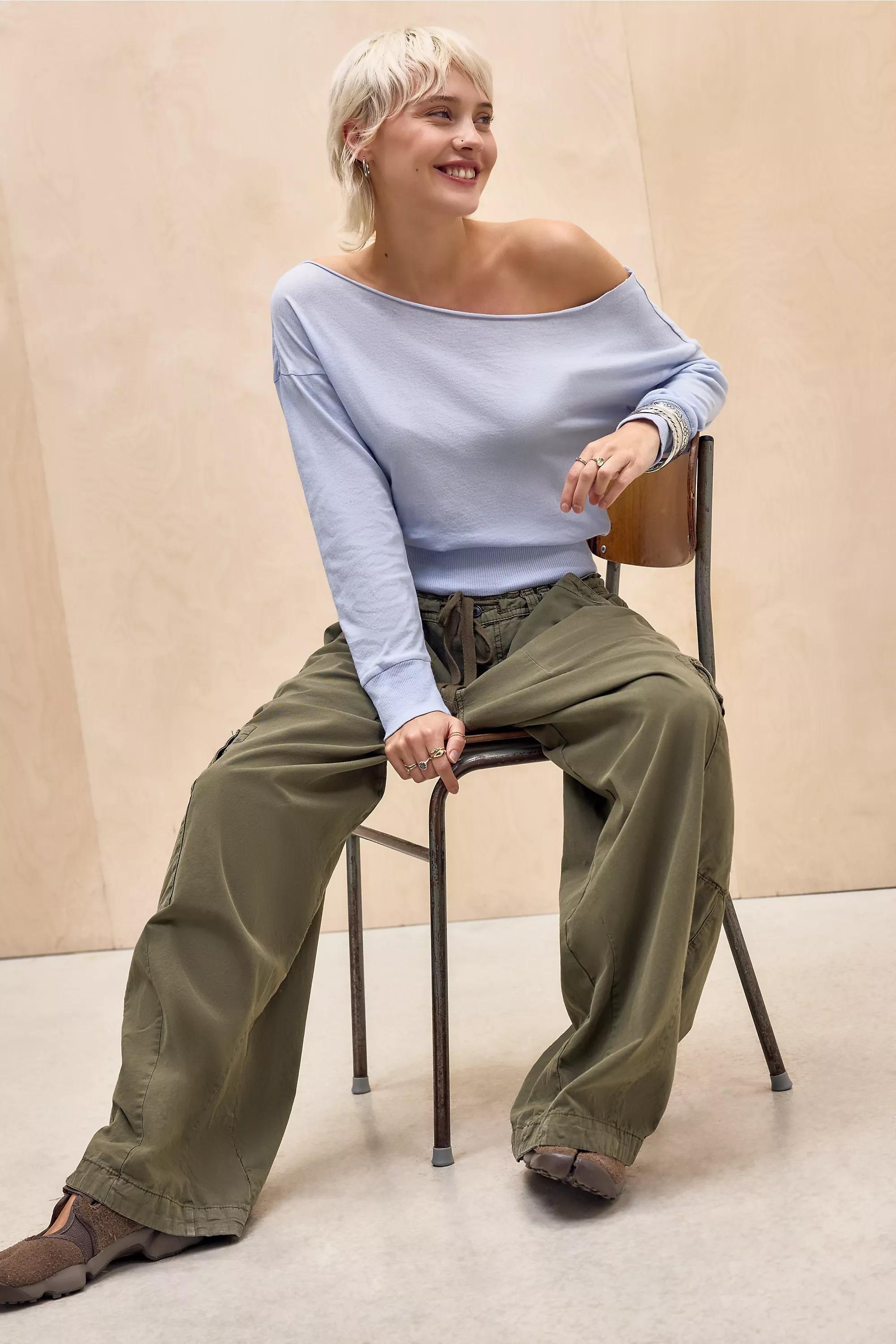 Blue Uo Off-Shoulder Banded Long Sleeve T-Shirt, LT BLUE, large image number 1