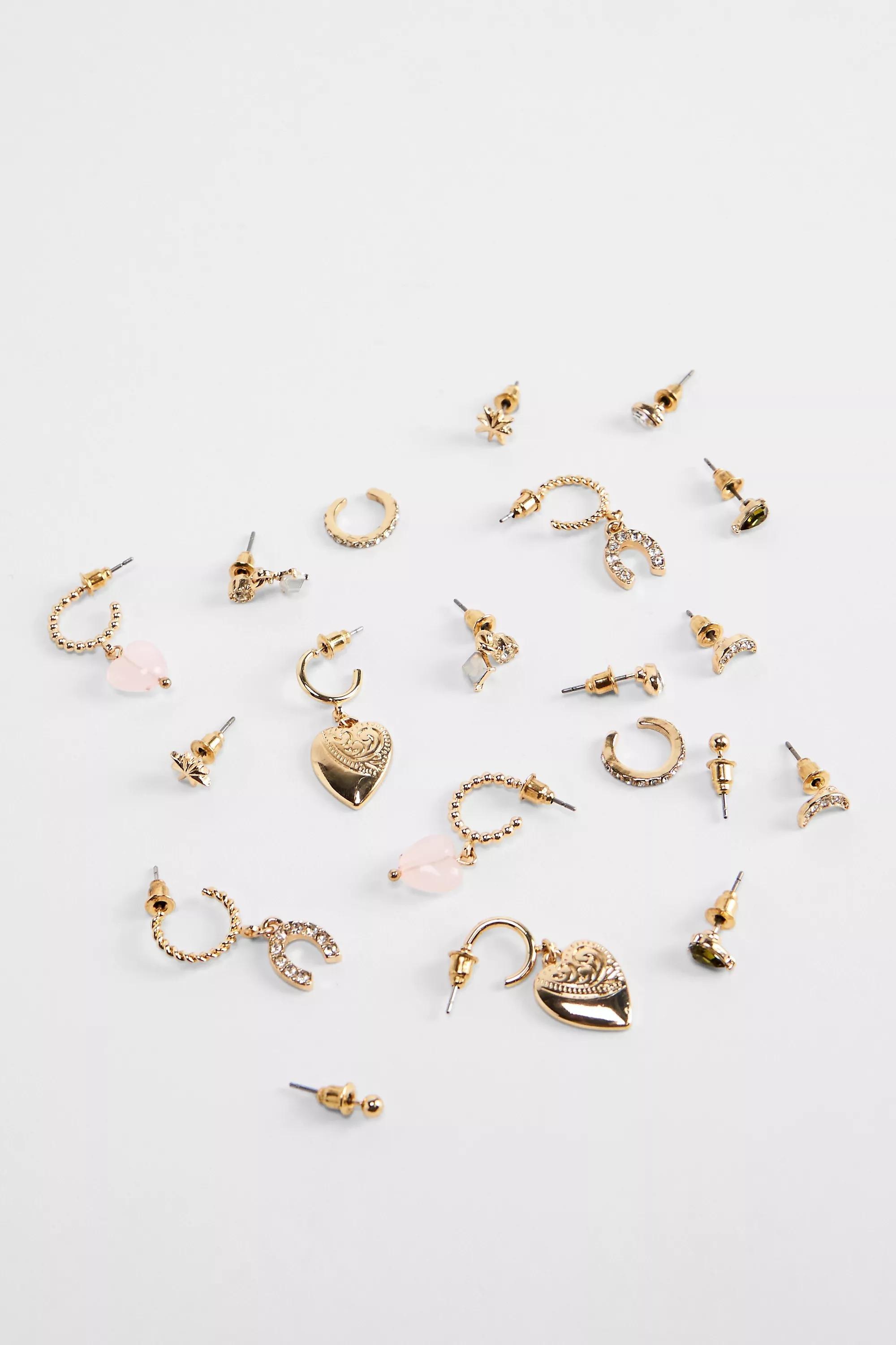 Yellow Silence + Noise Heart Stack Earrings 10-Pack, GOLD, medium