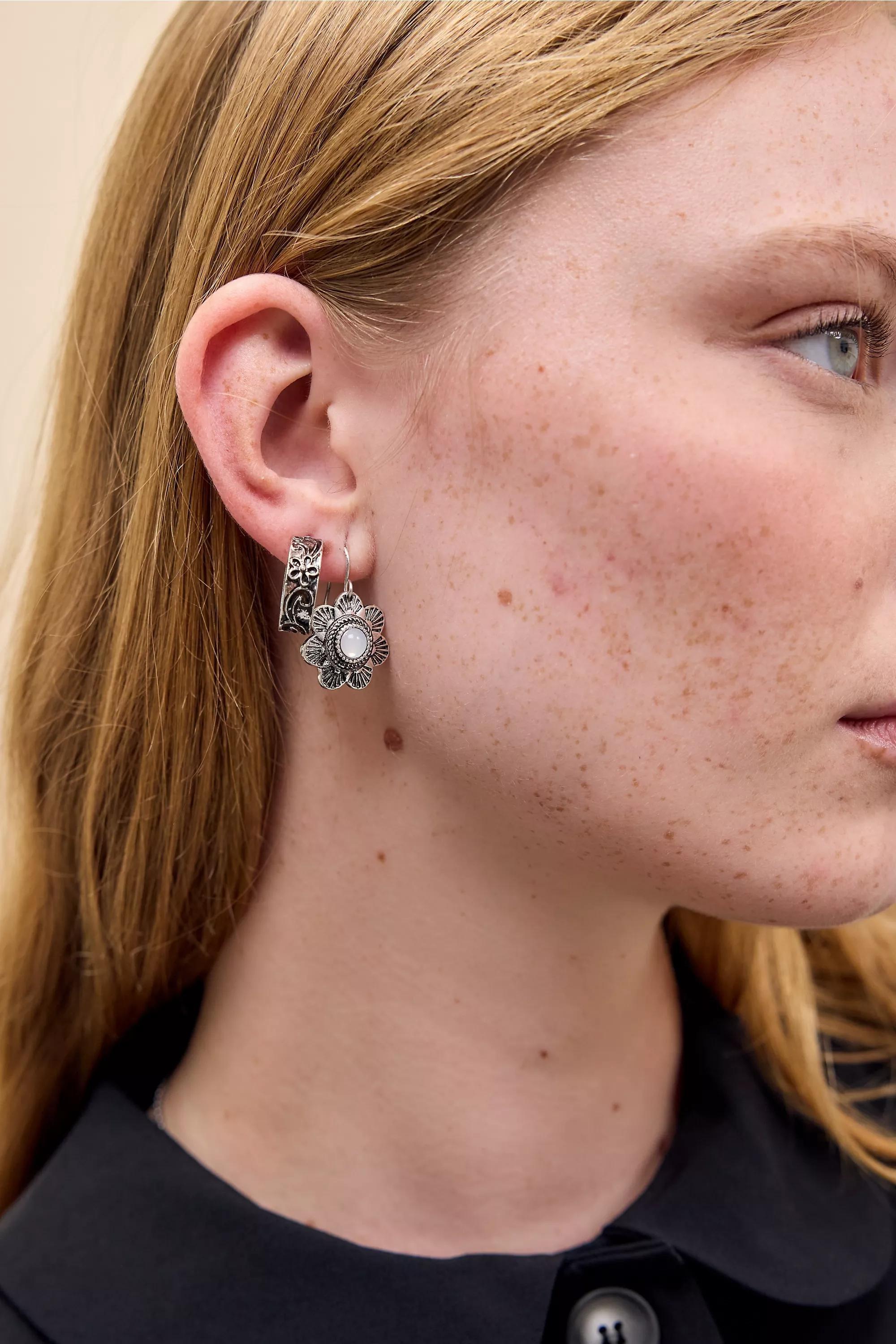 Silver Silence + Noise Etched Floral Earrings, Set Of 3, SLVR, large image number 0