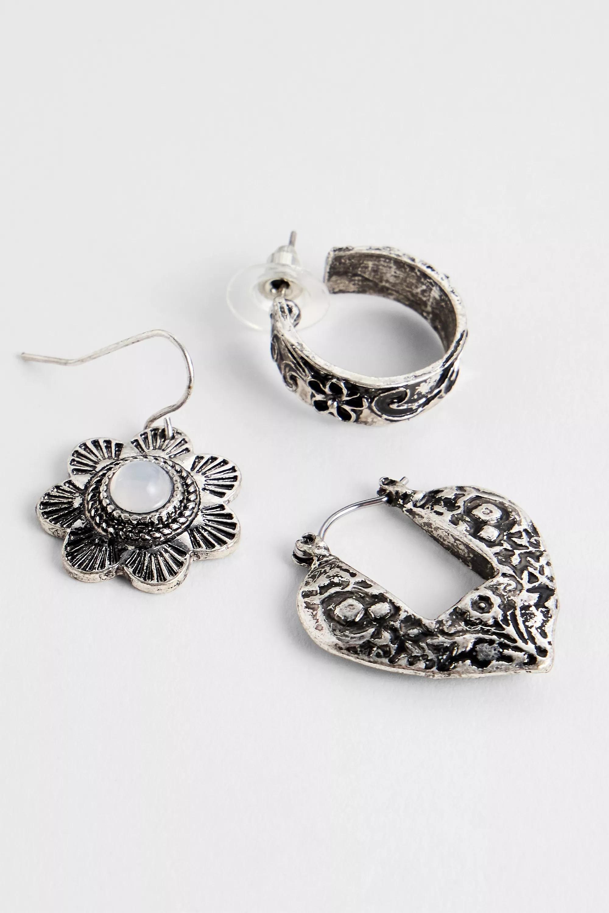 Silver Silence + Noise Etched Floral Earrings, Set Of 3, SLVR, large image number 1